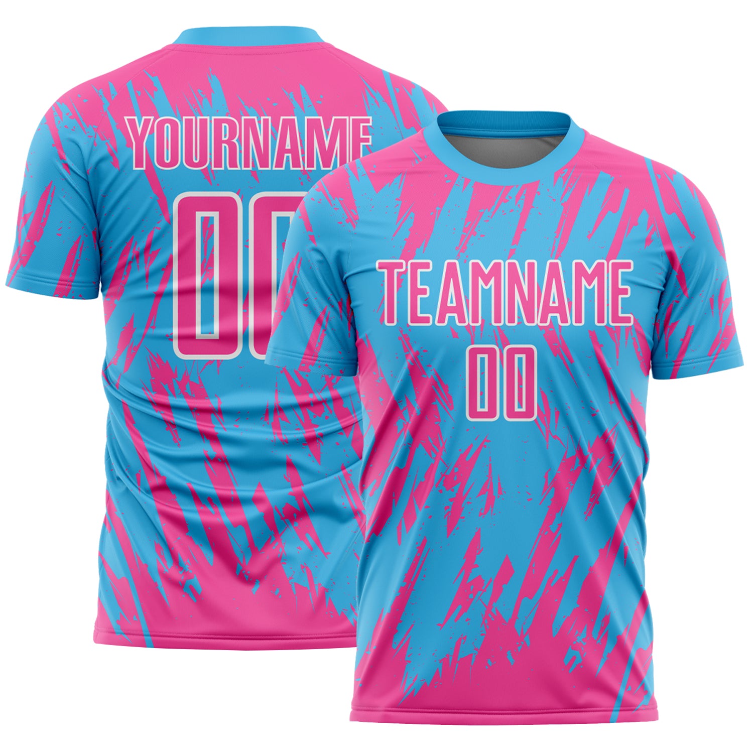 Custom Sky Blue Pink-White Splatter Torn Sharp Brush Stroke Sublimation Soccer Uniform Jersey
