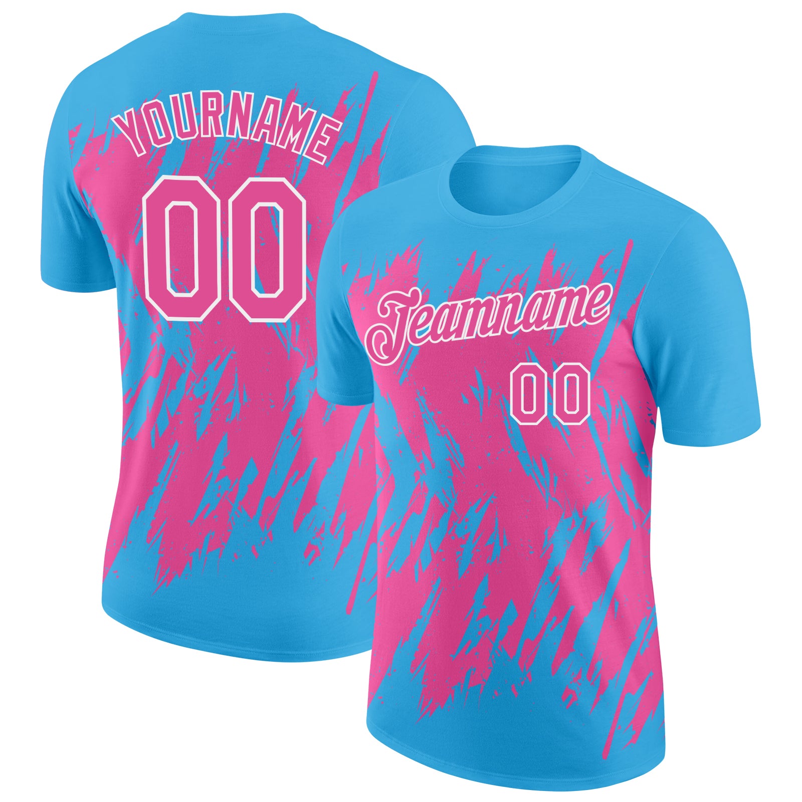 Custom Sky Blue Pink-White Torn Sharp Brush Stroke Splatter Performance T-Shirt