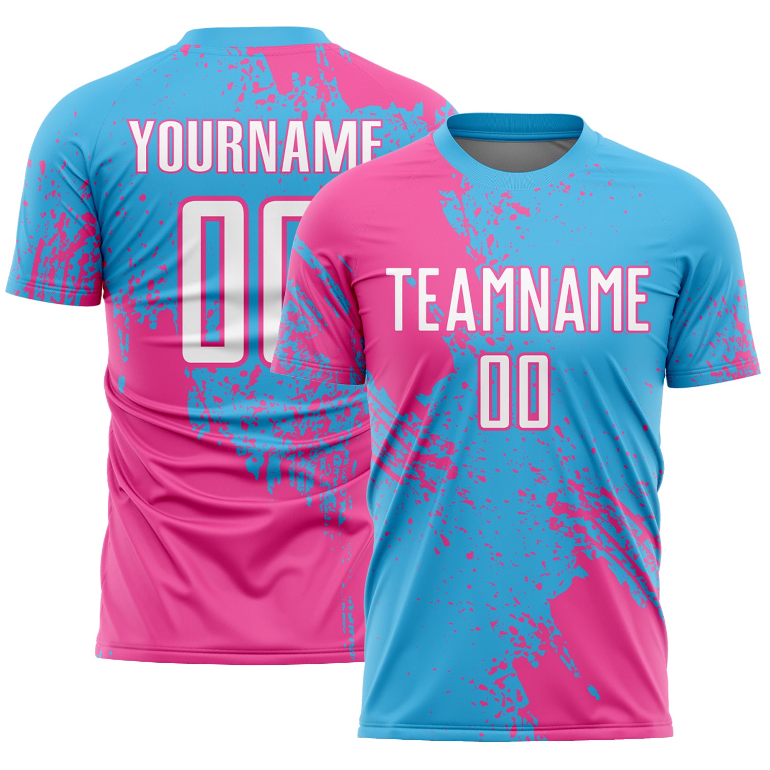 Custom Sky Blue White-Pink Abstract Brush Stroke Sports Sublimation Soccer Uniform Jersey