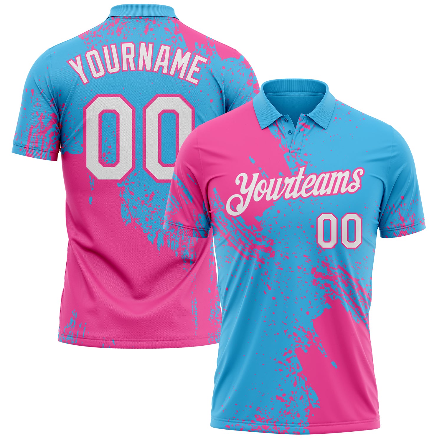 Custom Sky Blue White-Pink Distressed Scratch Brush Stroke Performance Polo Shirt