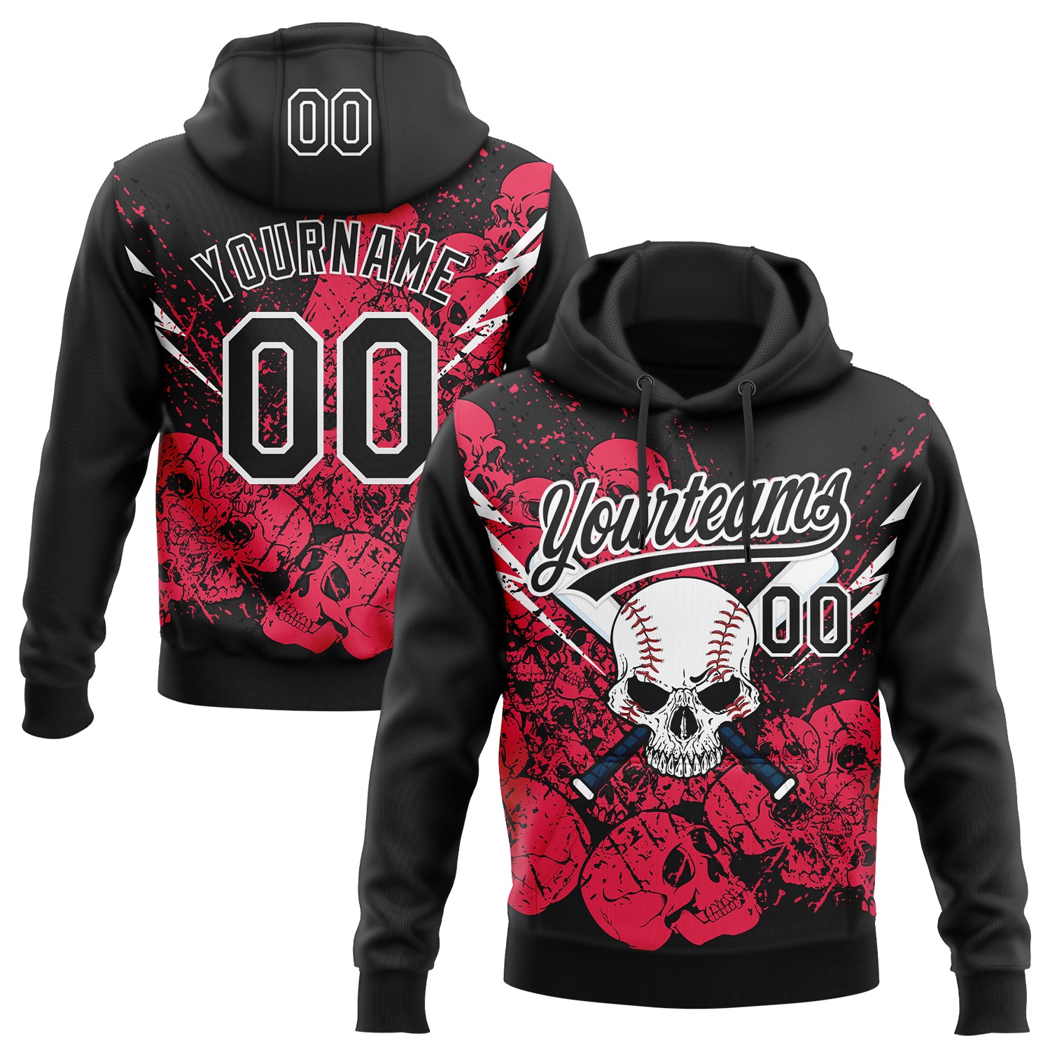Custom Stitched Black Neon Pink-White 3D Skull Pattern Pullover Sweatshirt Hoodie