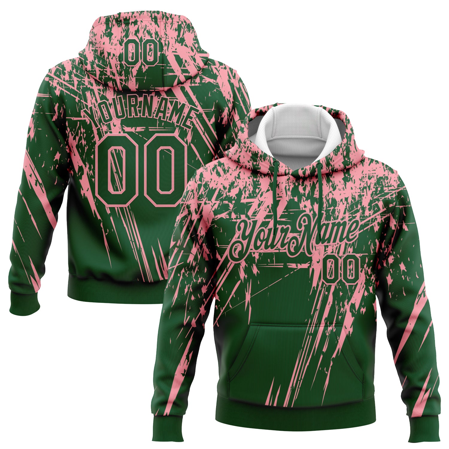 Custom Stitched Green Medium Pink 3D Pattern Design Splash Grunge Art Sports Pullover Sweatshirt Hoodie