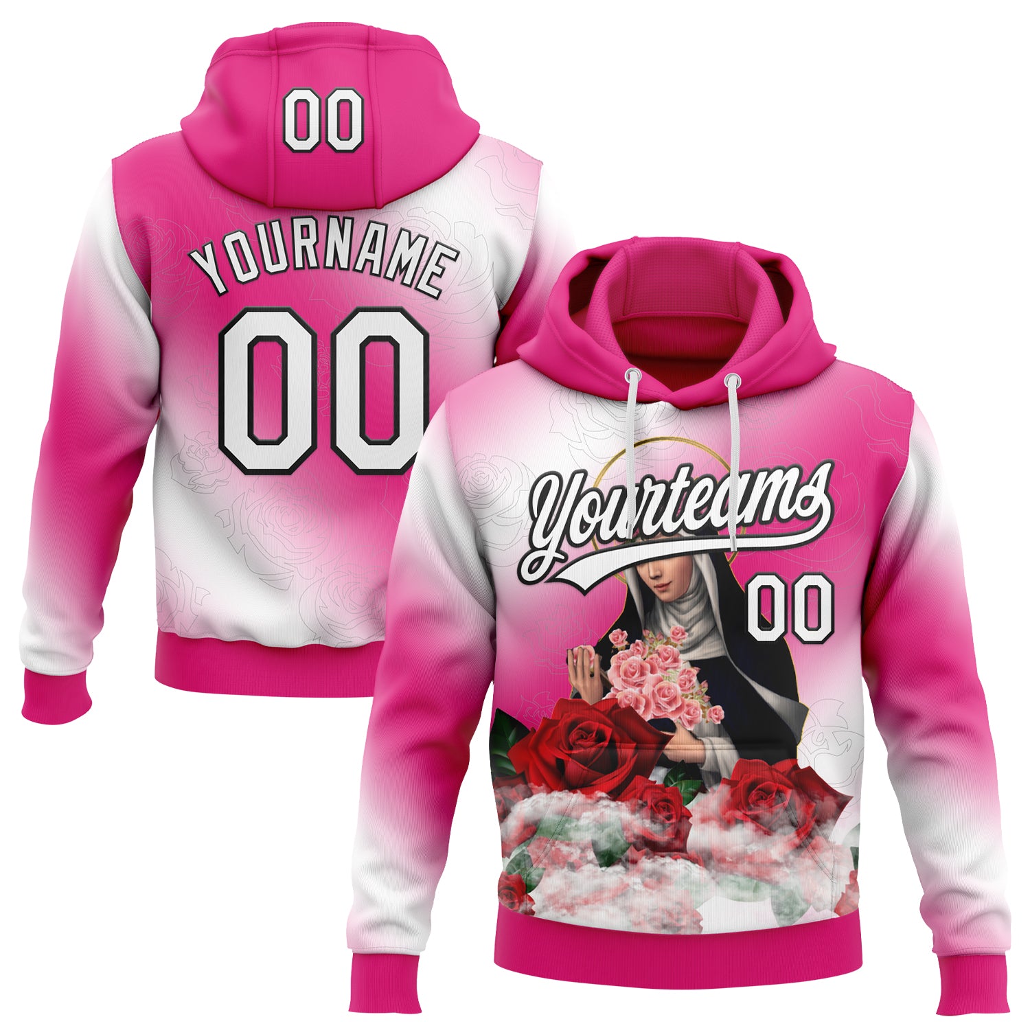 Custom Stitched Hot Pink White-Black 3D Pattern Design Religion The Virgin Mary Pullover Sweatshirt Hoodie