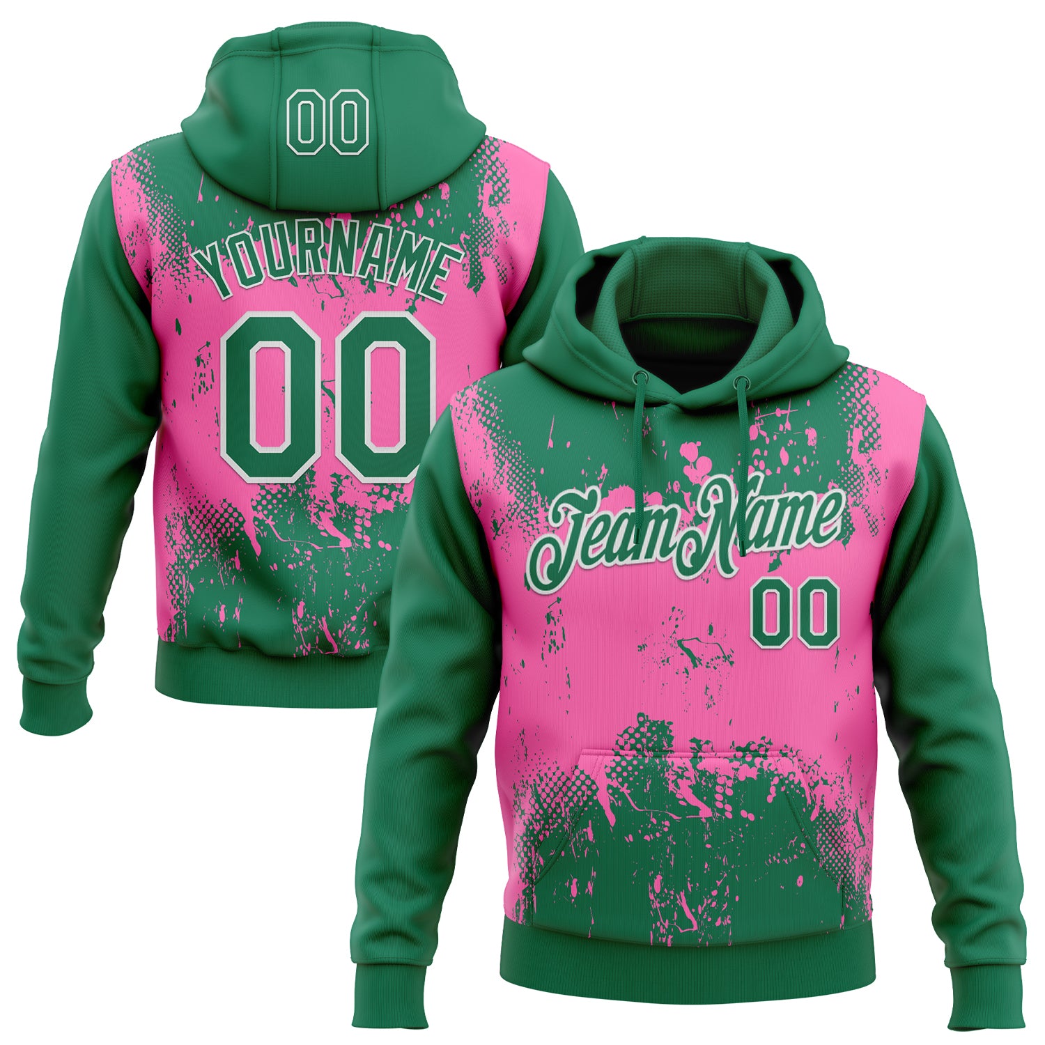 Custom Stitched Kelly Green Pink-White 3D Pattern Design Abstract Splatter Grunge Art Sports Pullover Sweatshirt Hoodie