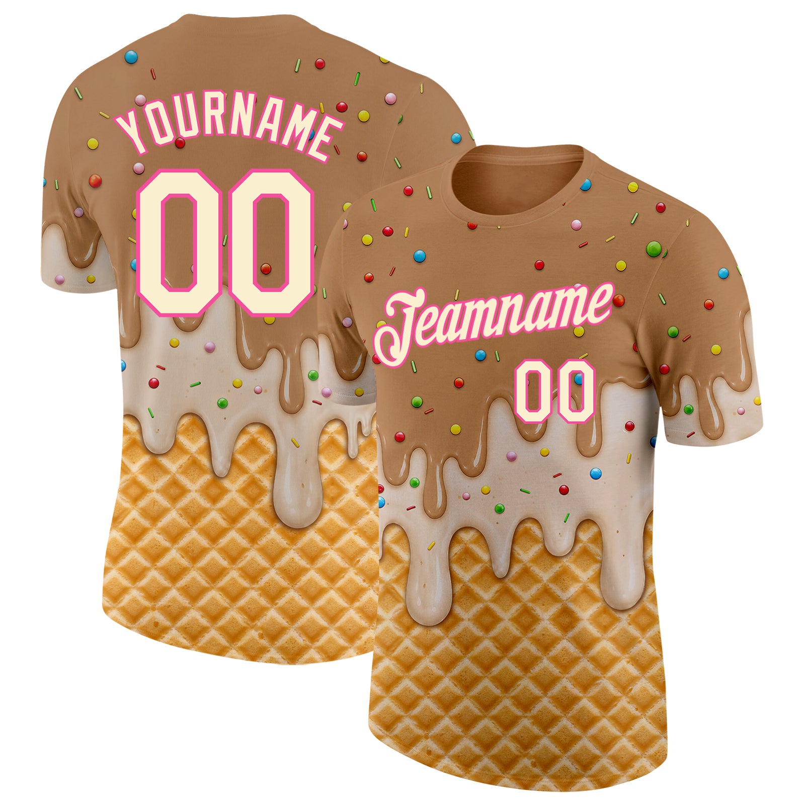Custom Tan Cream-Pink Ice Cream Waffle Foodie Dessert Performance T-Shirt