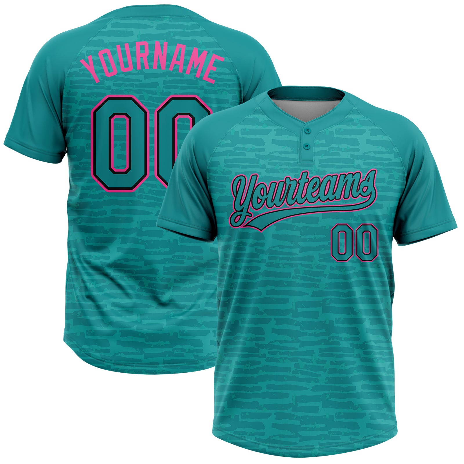 Custom Teal Black-Pink Raglan Sleeves Distressed Fragment Brush Stroke Two-Button Unisex Softball Jersey