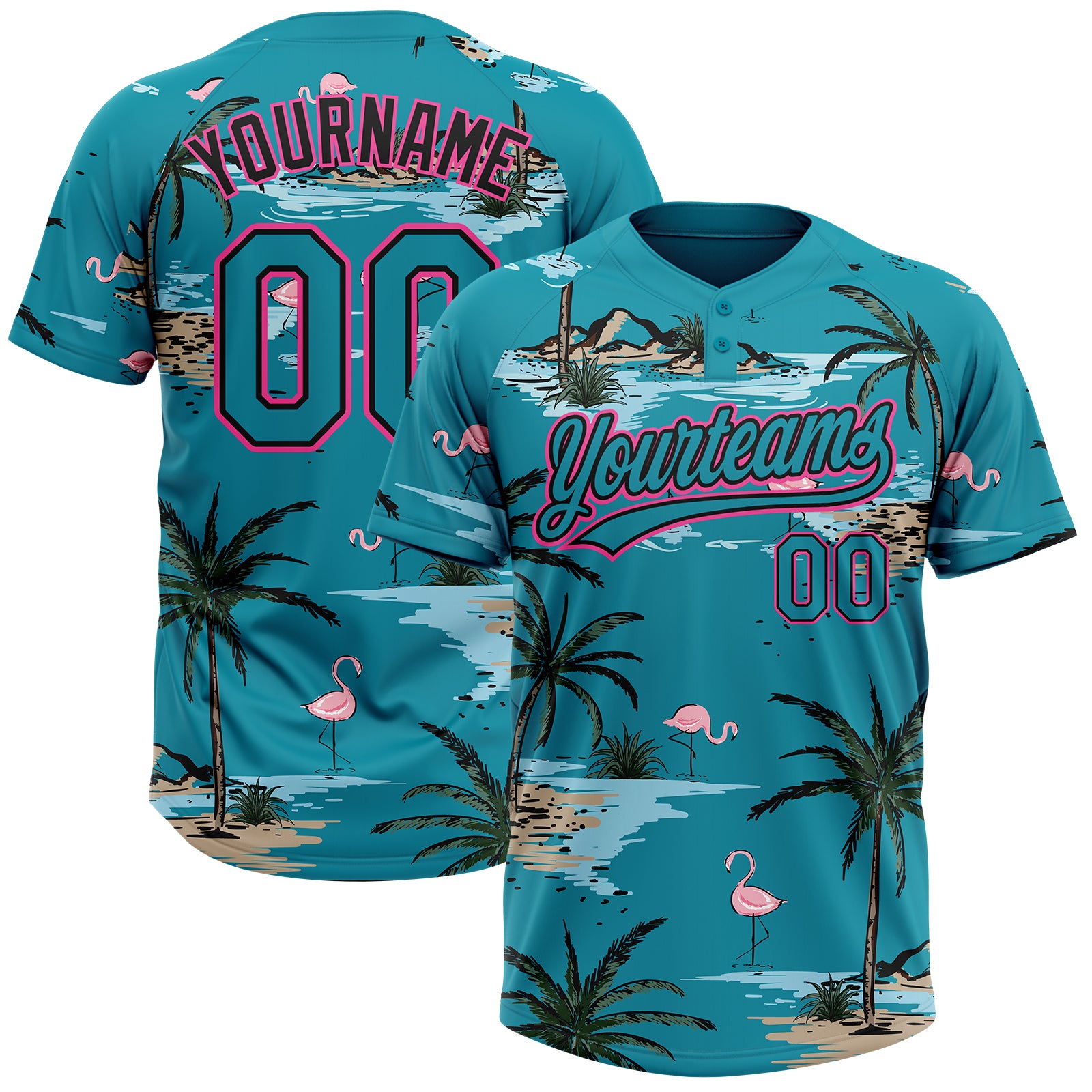 Custom Teal Black-Pink Tropical Hawaii Palm Trees And Flamingo Two-Button Unisex Softball Jersey