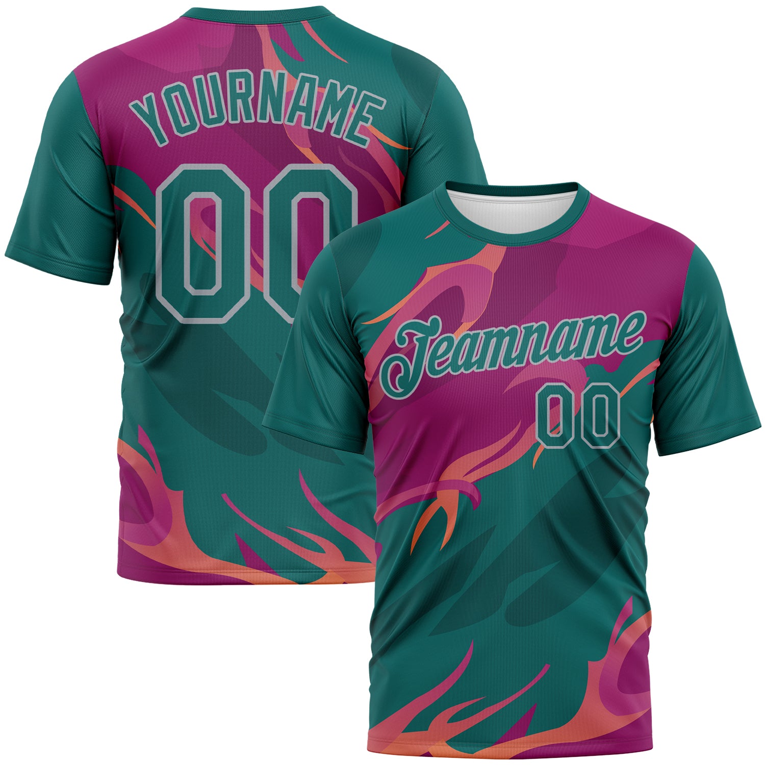 Custom Teal Deep Pink-Gray 3D Pattern Flame Abstract Style Performance T-Shirt