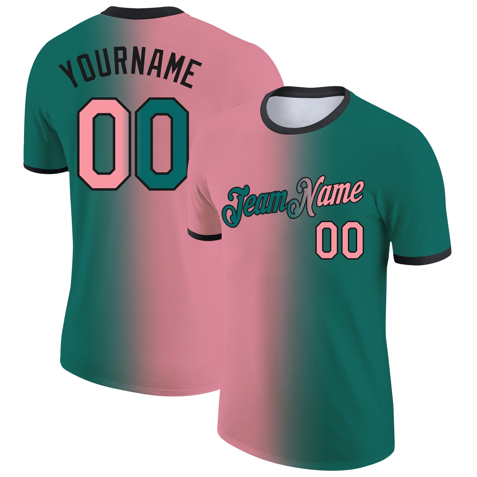 Custom Teal Medium Pink-Black Gradient Fashion Performance T-Shirt