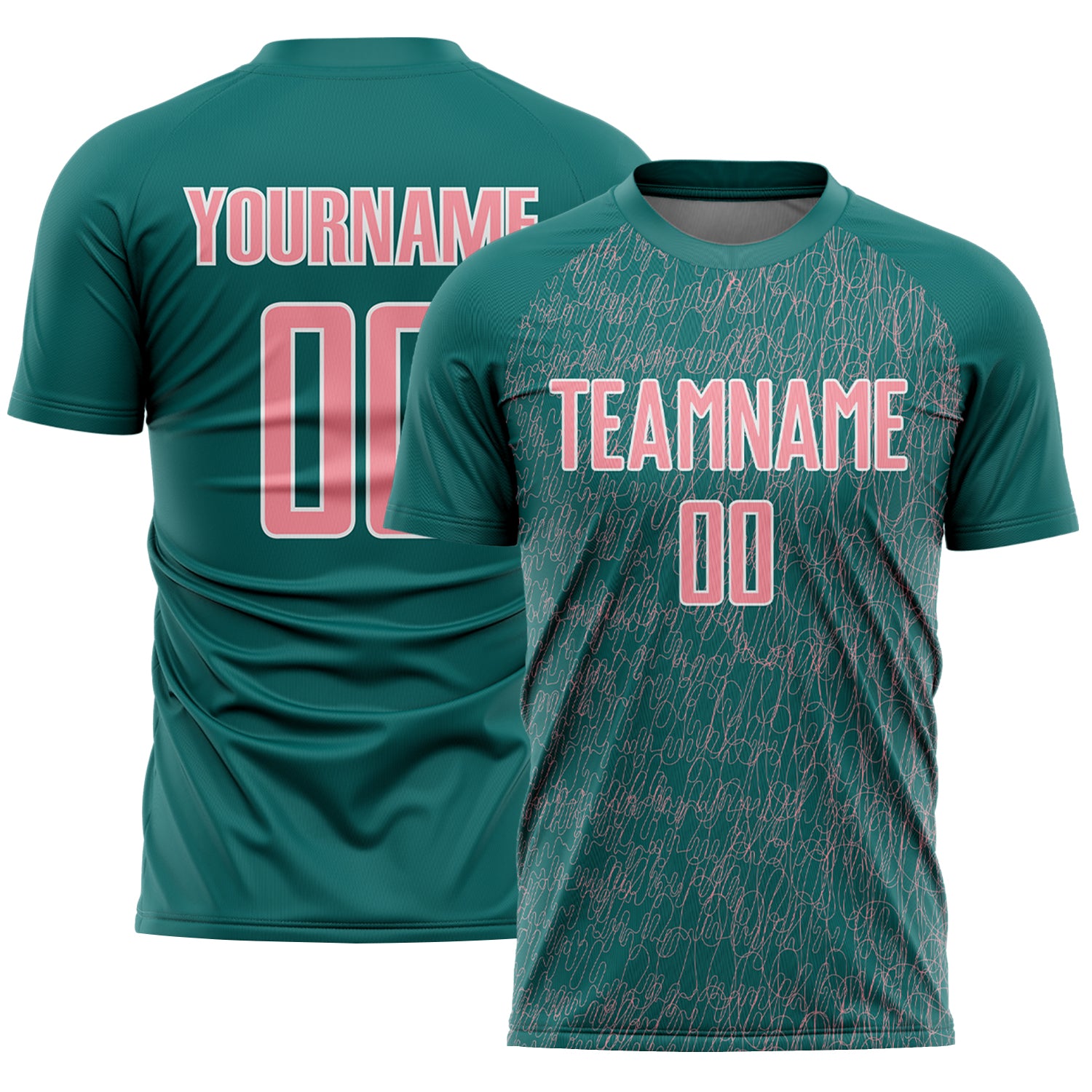 Custom Teal Medium Pink-White Abstract Scribble Curve Line Pattern Sports Sublimation Soccer Uniform Jersey