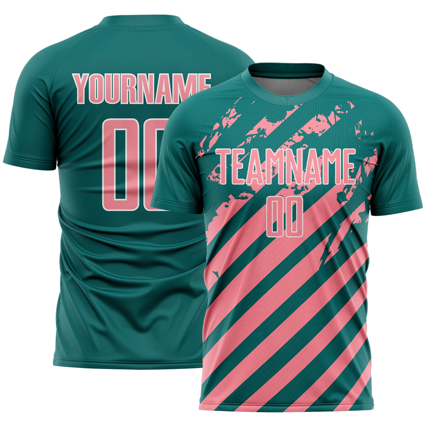 Custom Teal Medium Pink-White Distressed Diagonal Stripe Pattern Sports Sublimation Soccer Uniform Jersey