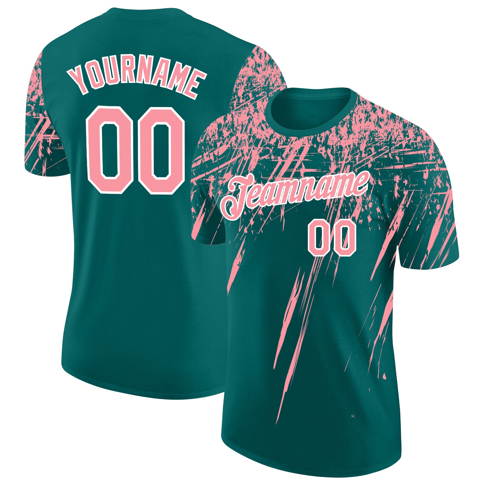 Custom Teal Medium Pink-White Distressed Scratch Brush Stroke Performance T-Shirt