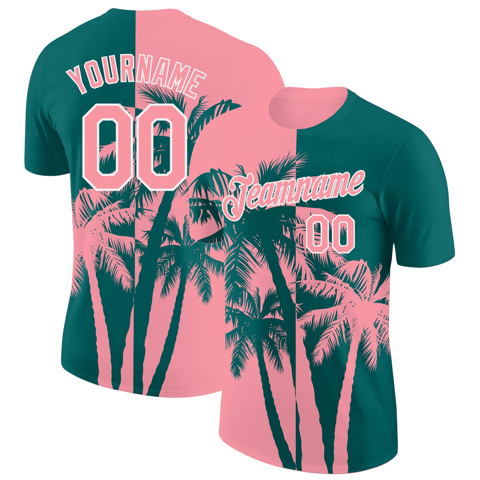 Custom Teal Medium Pink-White Hawaii Tropical Coastal Palm Trees Performance T-Shirt