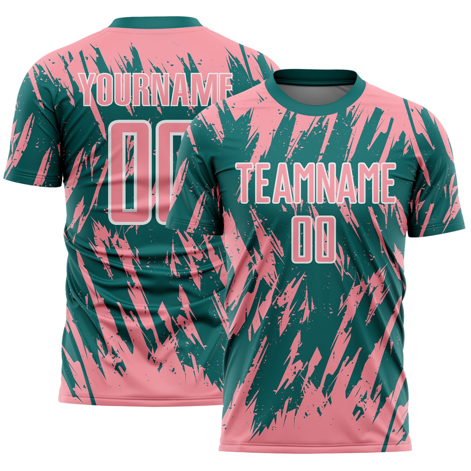Custom Teal Medium Pink-White Splatter Torn Sharp Brush Stroke Sublimation Soccer Uniform Jersey
