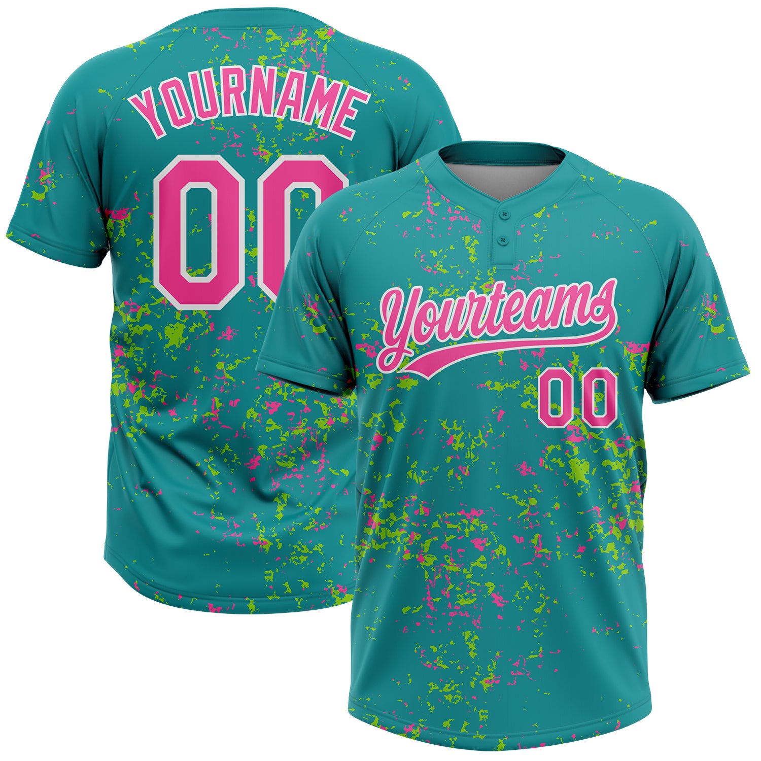 Custom Teal Pink Neon Green-White Abstract Shattered Paint Splatter Two-Button Unisex Softball Jersey