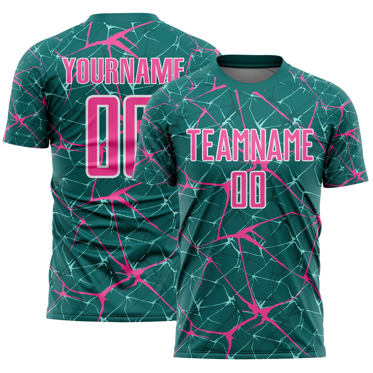 Custom Teal Pink-White Abstract Network Crackle Sublimation Soccer Uniform Jersey