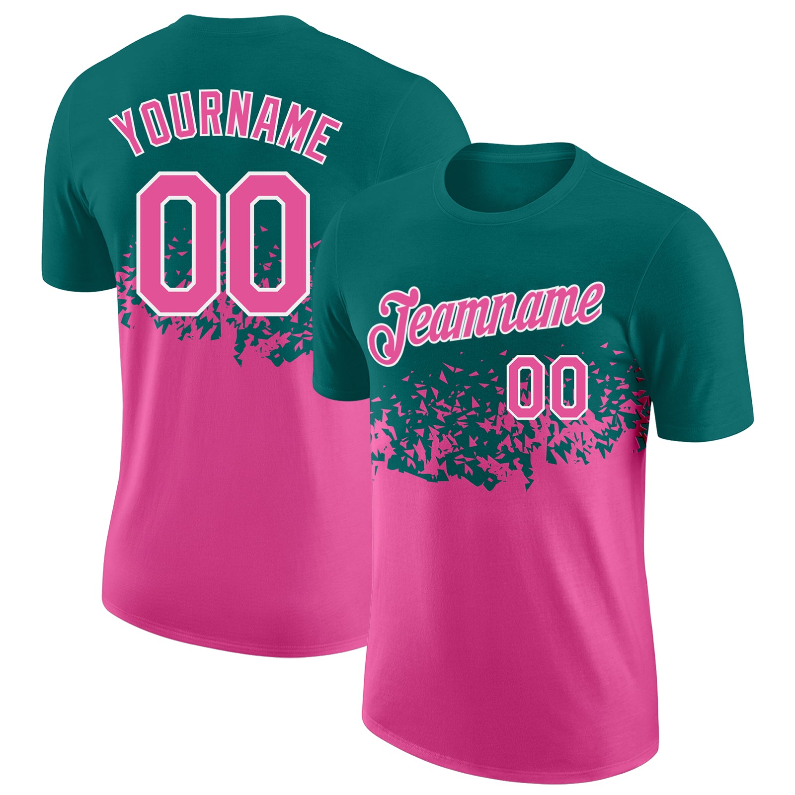 Custom Teal Pink-White Fade Geometric Splatter Fragmented Shards Performance T-Shirt