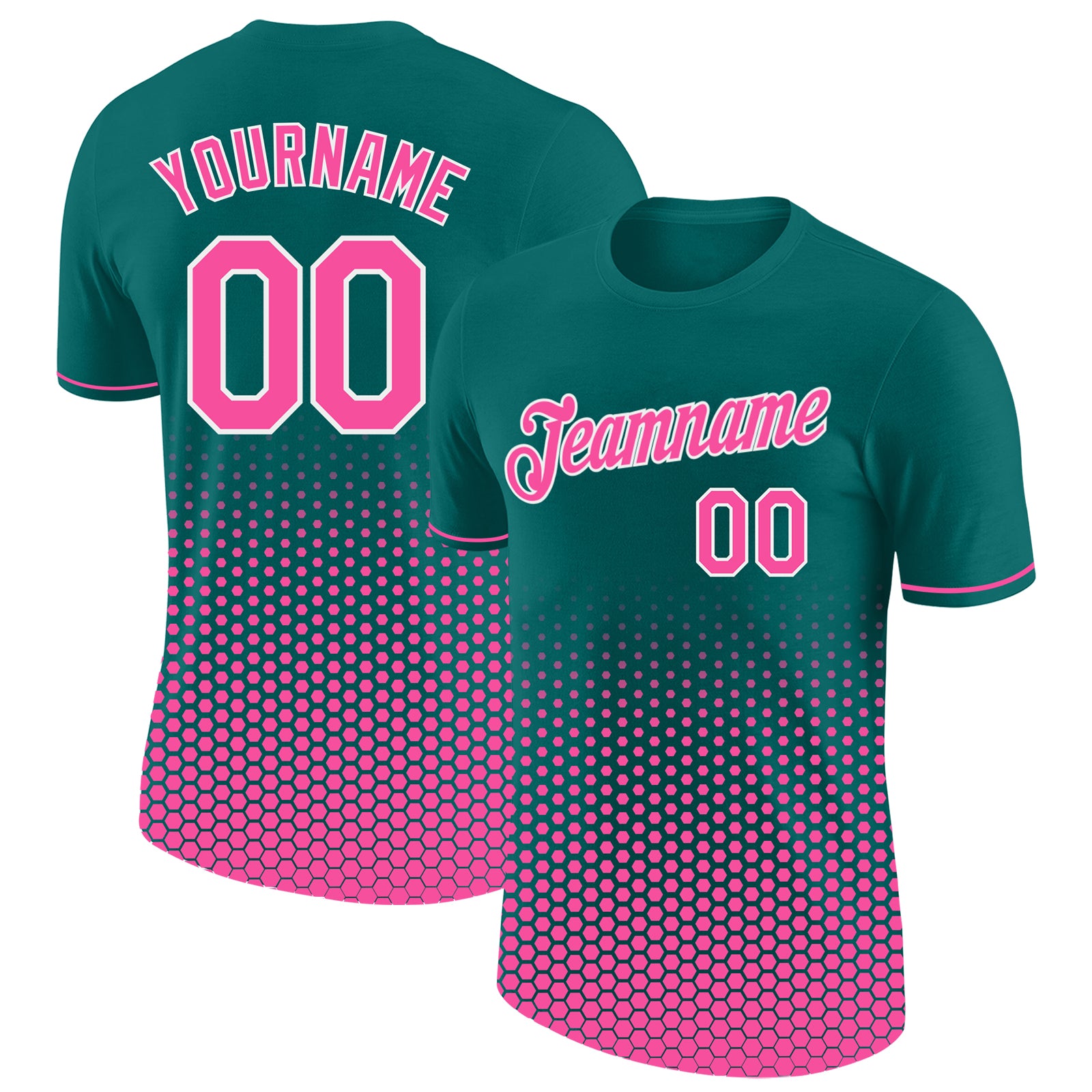 Custom Teal Pink-White Geometric Hexagonal Dot Gradient Performance T-Shirt