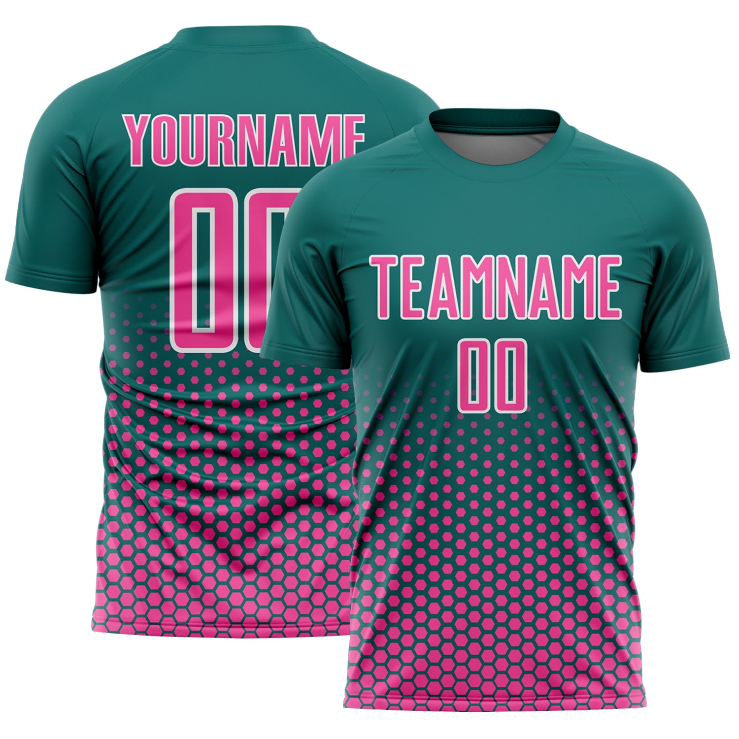 Custom Teal Pink-White Geometric Hexagonal Dot Gradient Sublimation Soccer Uniform Jersey