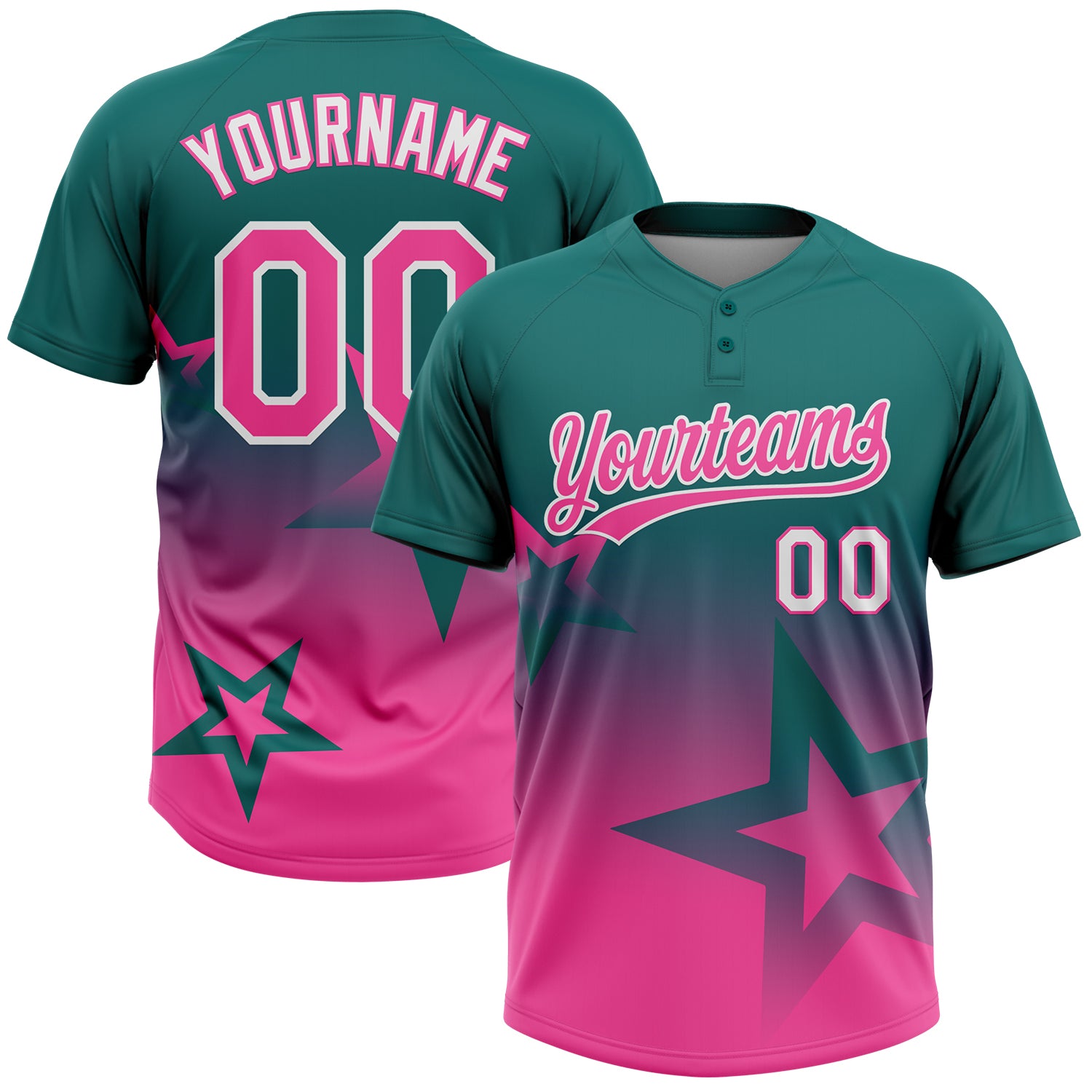Custom Teal Pink-White Gradient Style Twinkle Star Two-Button Unisex Softball Jersey