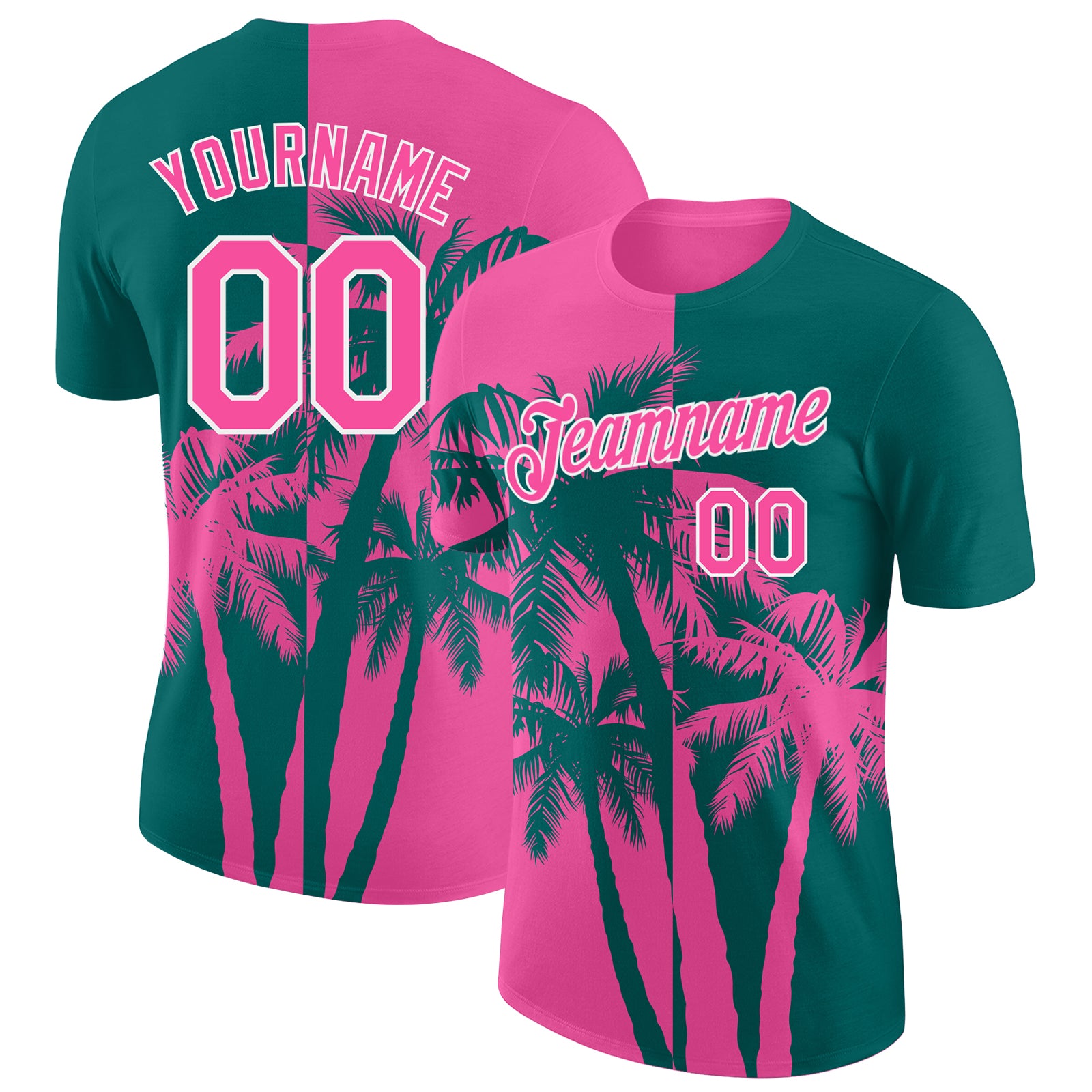 Custom Teal Pink-White Hawaii Tropical Coastal Palm Trees Performance T-Shirt