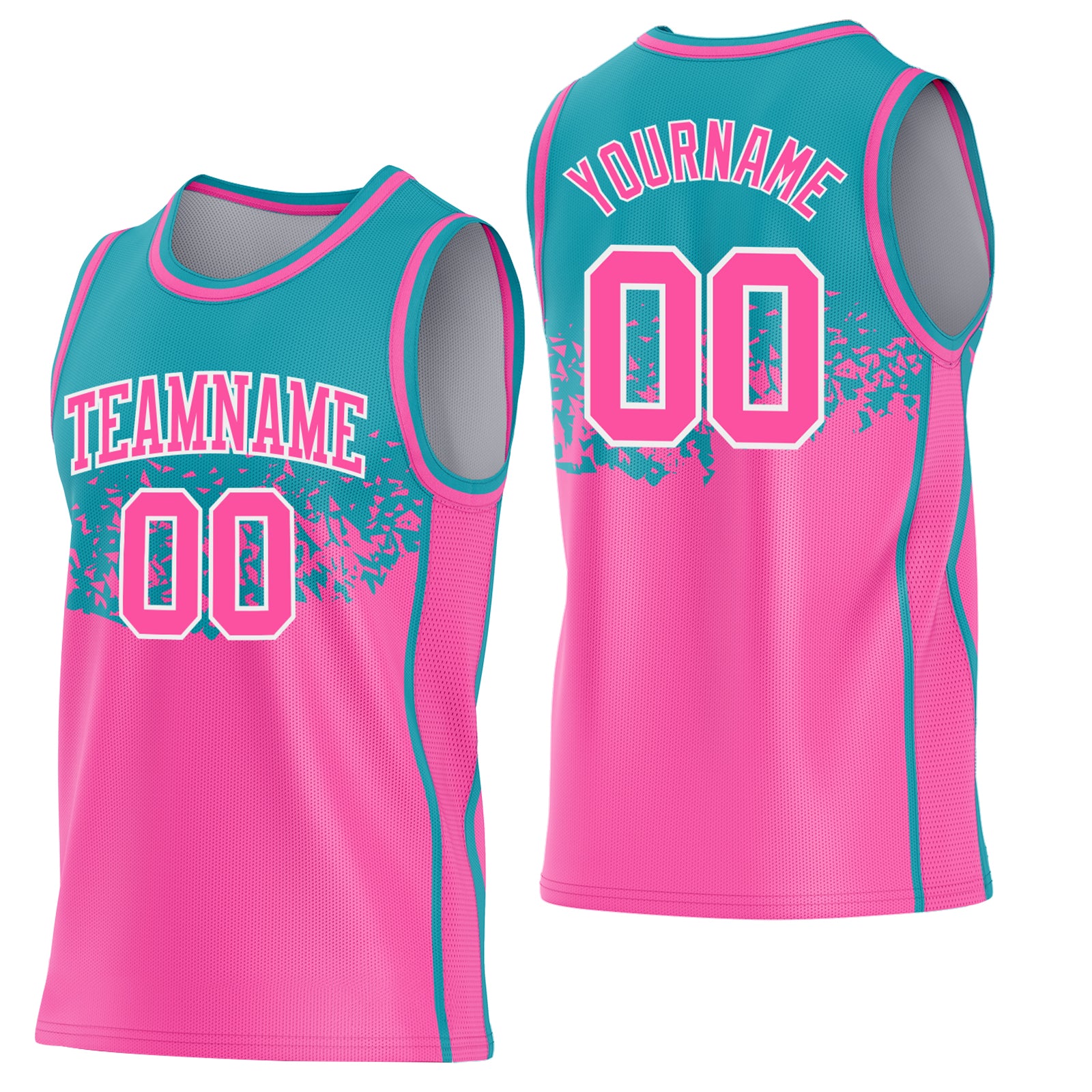 Custom Teal Pink-White Shattered Geometric Side Panel Stripe Round Neck Sublimation Basketball Set Jersey