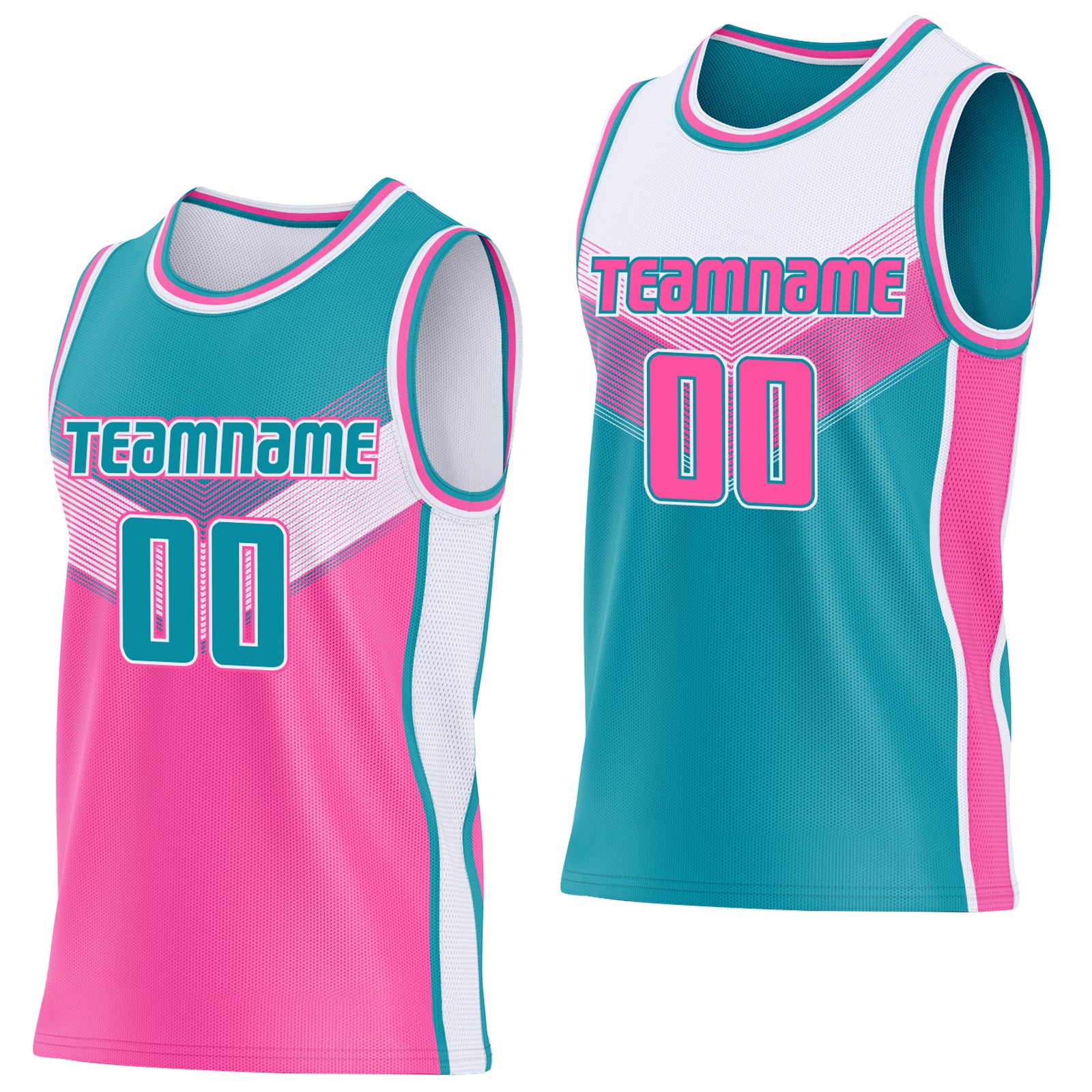 Custom Teal Pink-White Side Panel Stripe Geometric V-Cut Color Block Reversible Double Side Sublimation Basketball Set Jersey