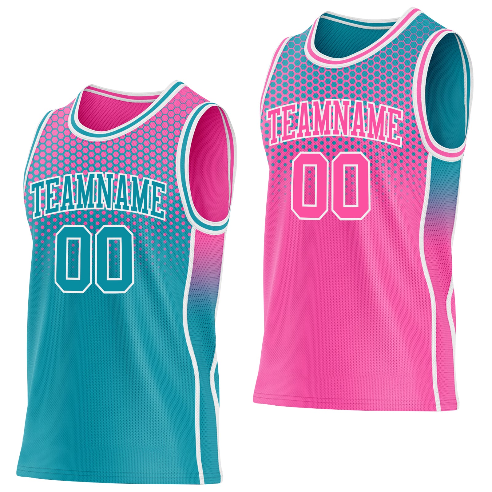Custom Teal Pink-White Side Panel Stripe Gradient Geometric Honeycomb Reversible Double Side Sublimation Basketball Set Jersey