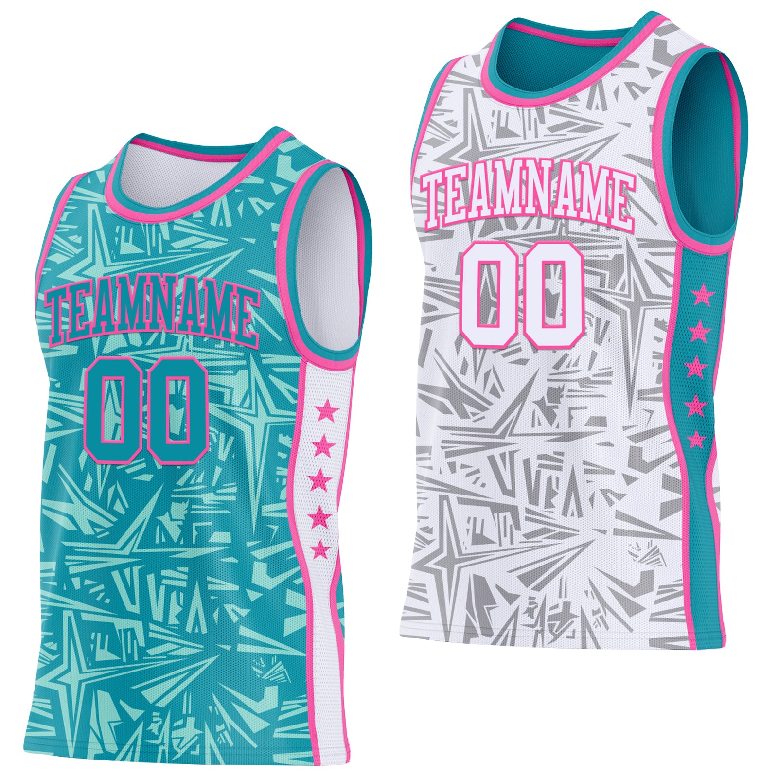 Custom Teal Pink-White Side Panel Stripe Stars Geometric Shatter Starburst Reversible Double Side Sublimation Basketball Set Jersey