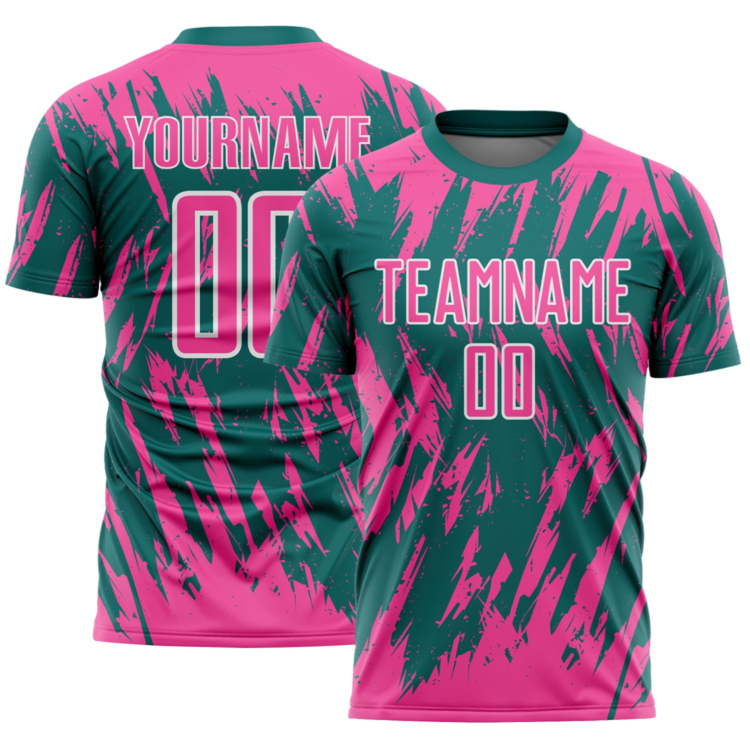 Custom Teal Pink-White Splatter Torn Sharp Brush Stroke Sublimation Soccer Uniform Jersey