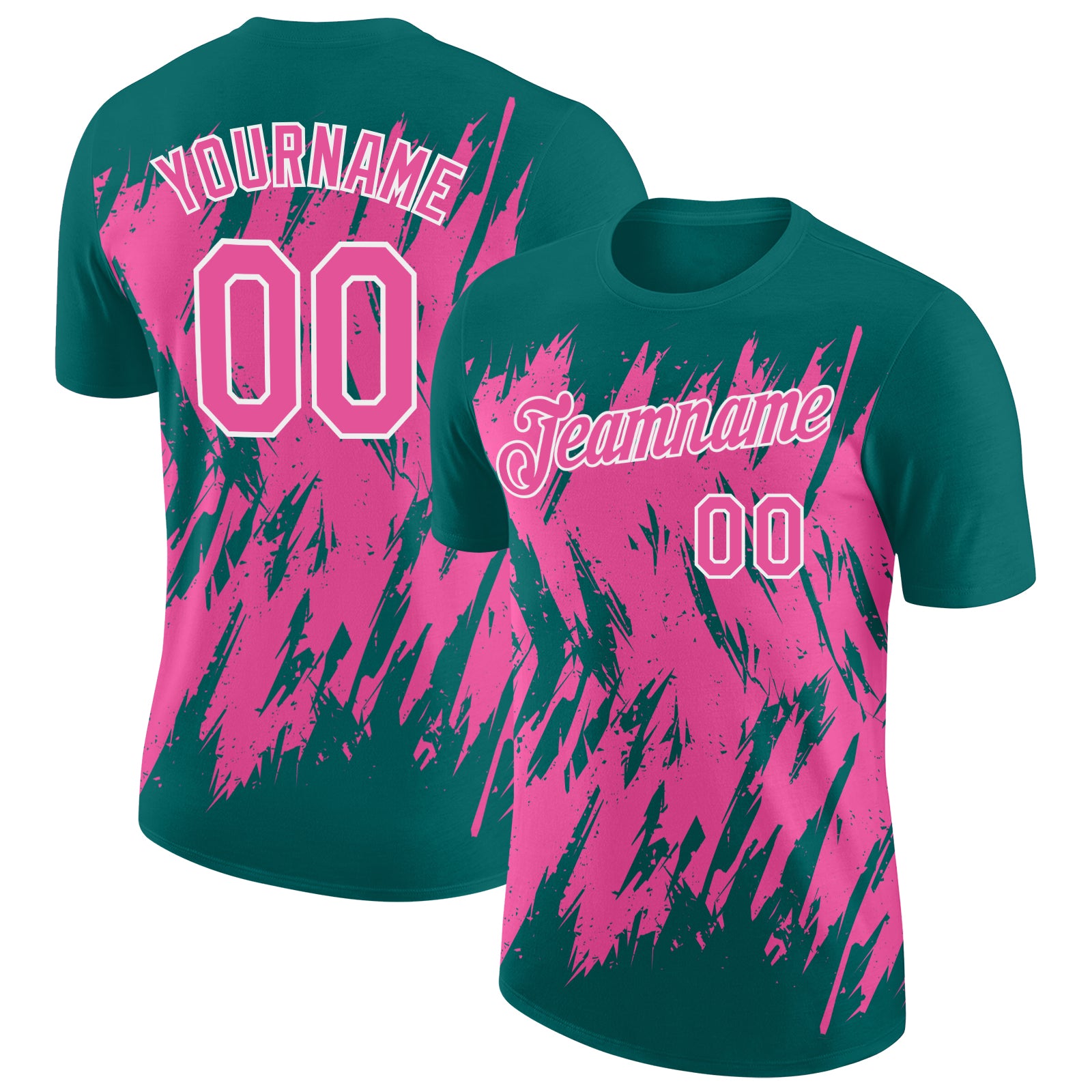 Custom Teal Pink-White Torn Sharp Brush Stroke Splatter Performance T-Shirt