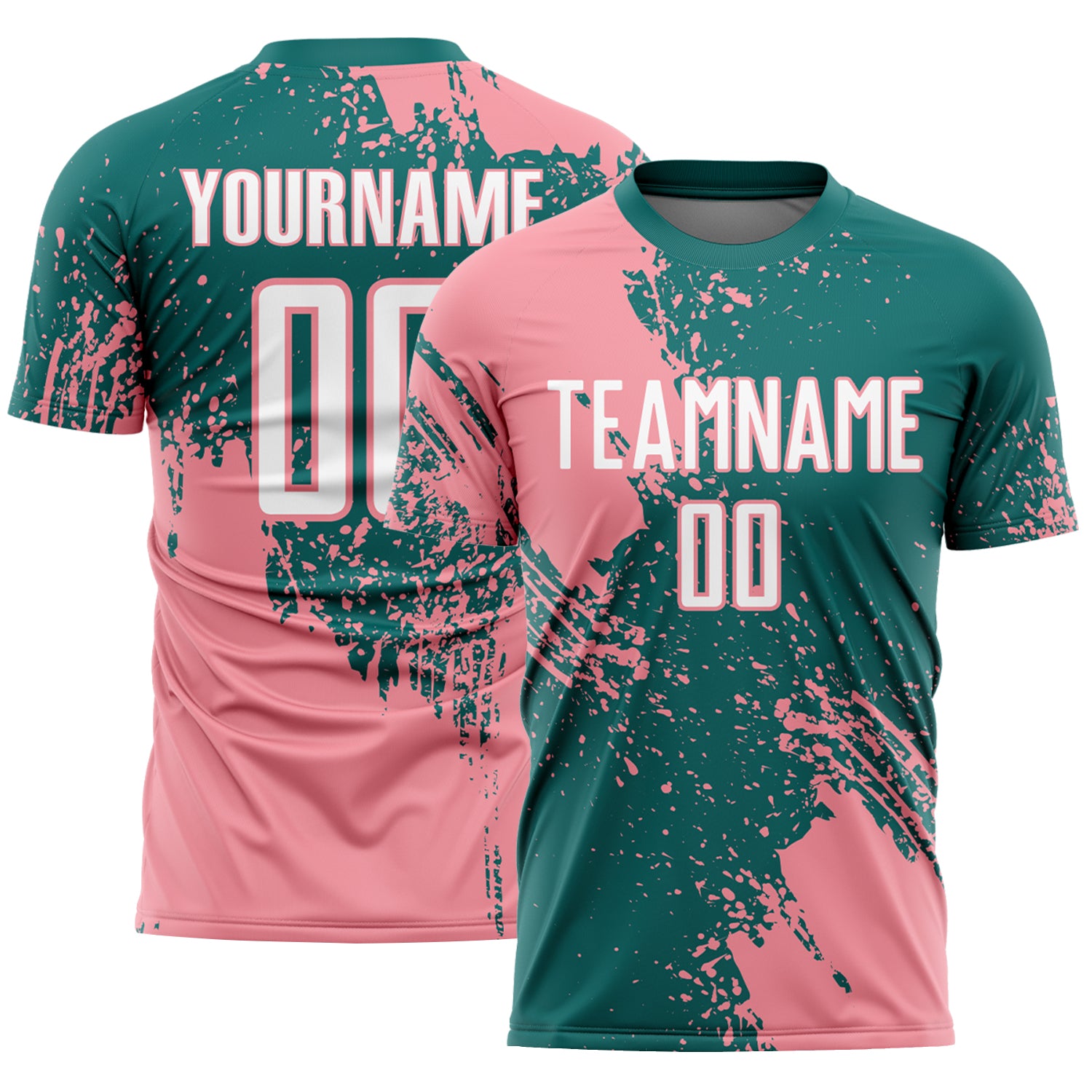 Custom Teal White-Medium Pink Abstract Brush Stroke Sports Sublimation Soccer Uniform Jersey