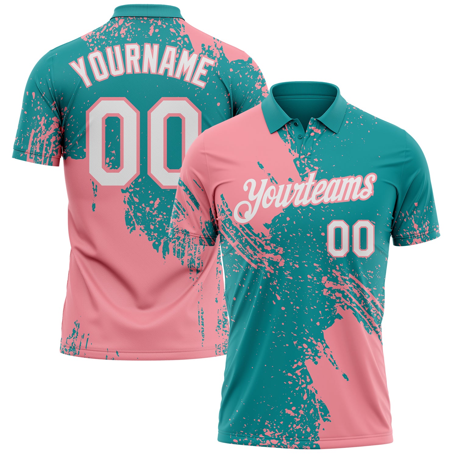 Custom Teal White-Medium Pink Distressed Scratch Brush Stroke Performance Polo Shirt