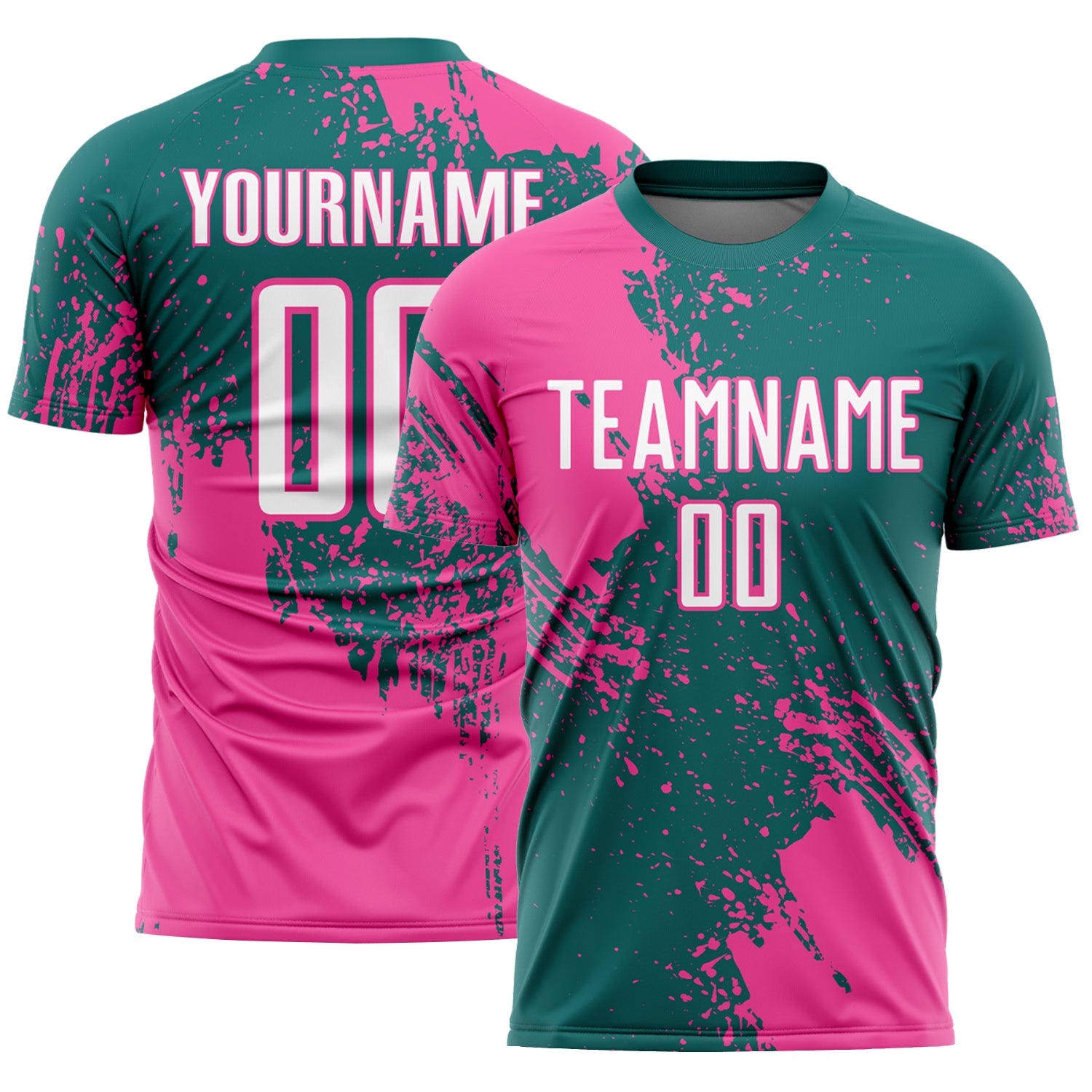 Custom Teal White-Pink Abstract Brush Stroke Sports Sublimation Soccer Uniform Jersey