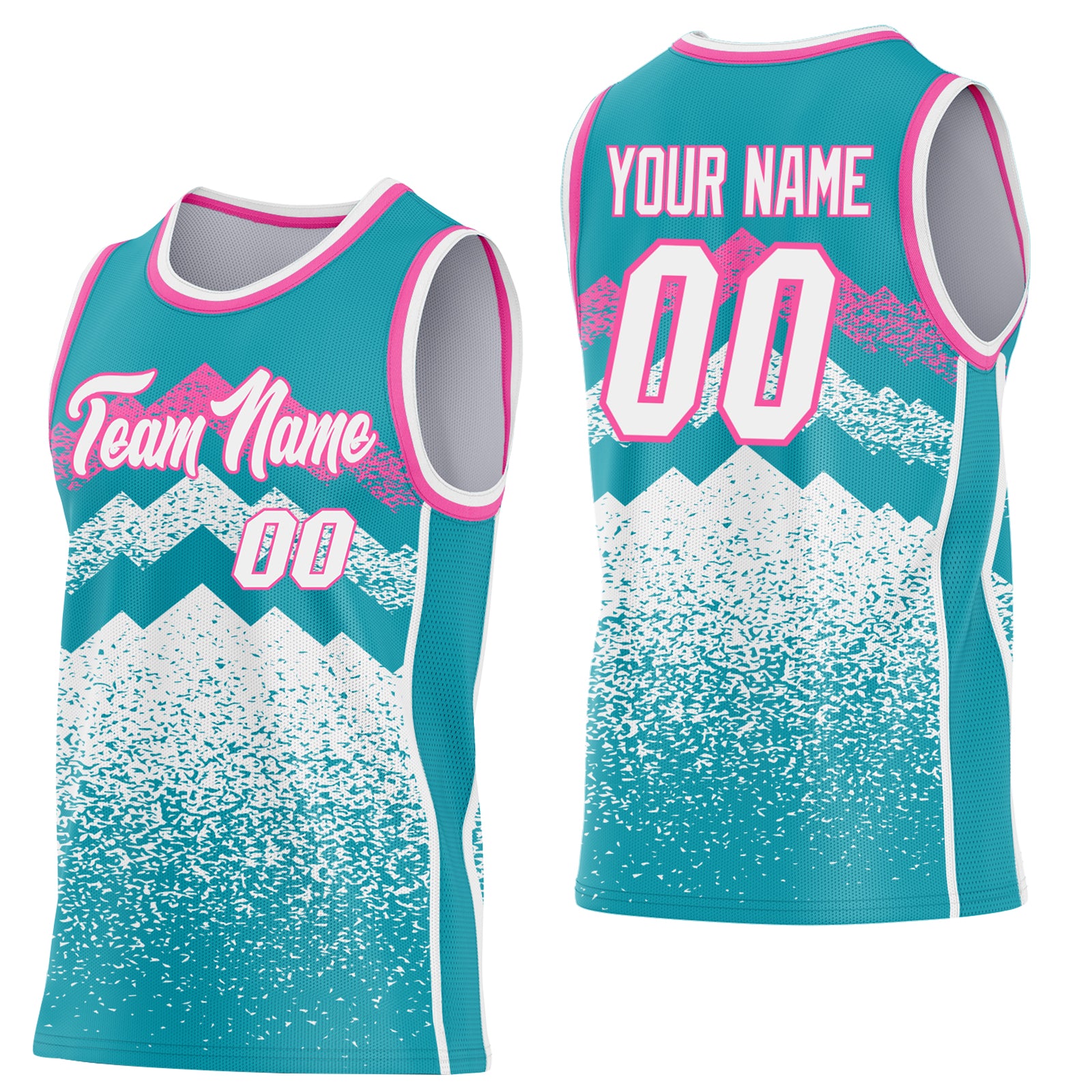 Custom Teal White-Pink Mountain Peak Shards Side Panel Stripe Round Neck Sublimation Basketball Set Jersey