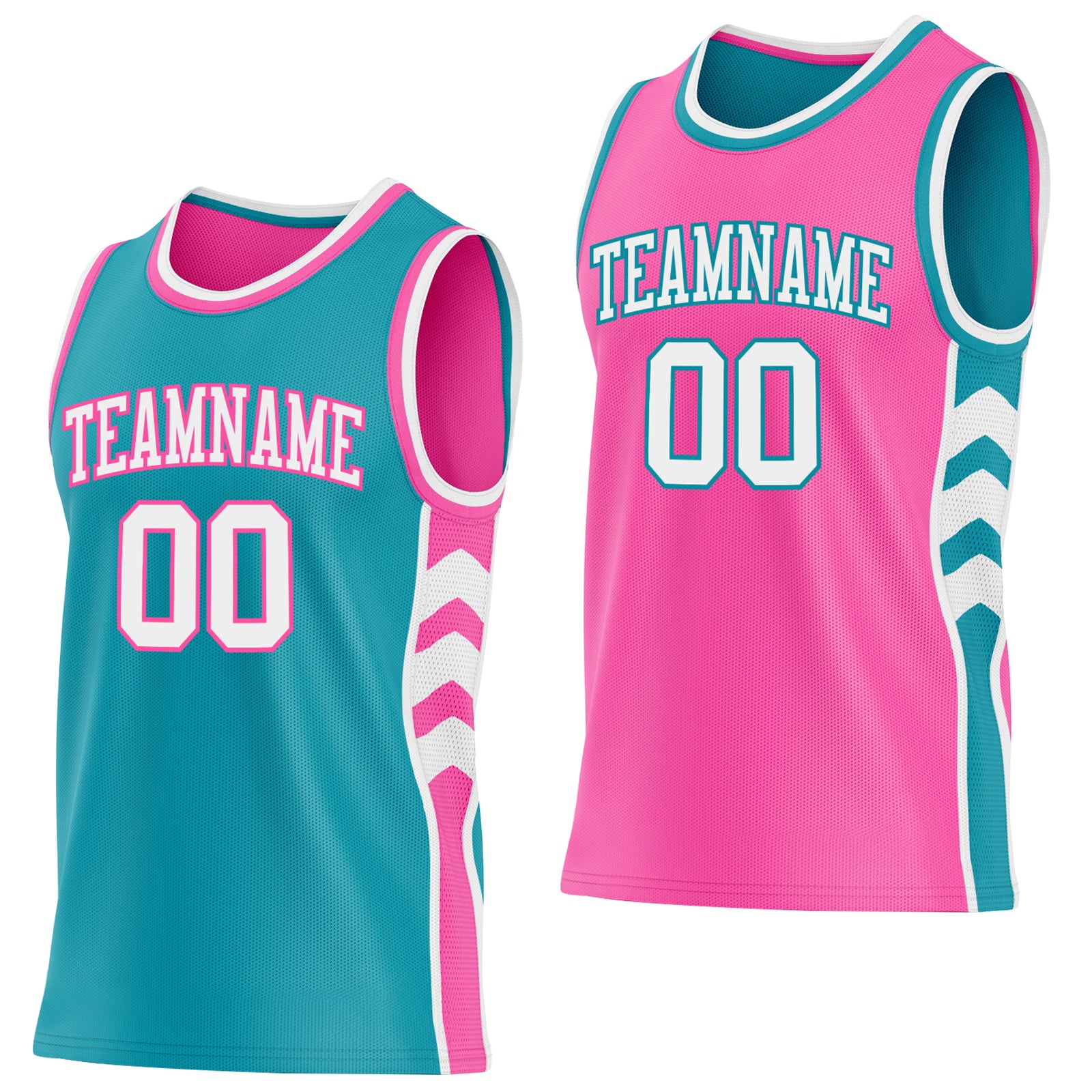 Custom Teal White-Pink Side Panel Geometric Chevron Reversible Double Side Sublimation Basketball Set Jersey