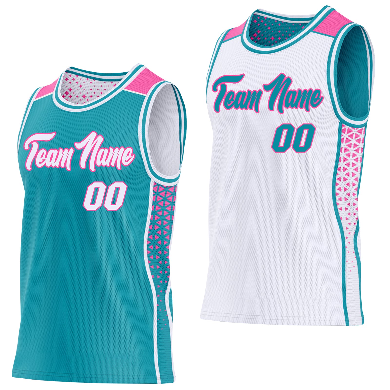 Custom Teal White-Pink Side Panel Stripe Geometric Triangle Gradient Dot Reversible Double Side Sublimation Basketball Set Jersey