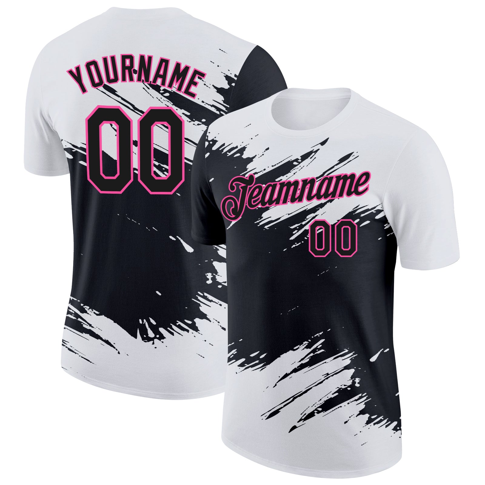 Custom White Black-Pink Abstract Brush Stroke Splatter Performance T-Shirt