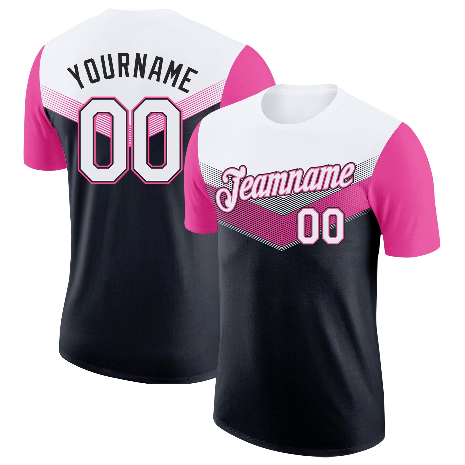 Custom White Black-Pink Geometric V-Lines Color Block Performance T-Shirt