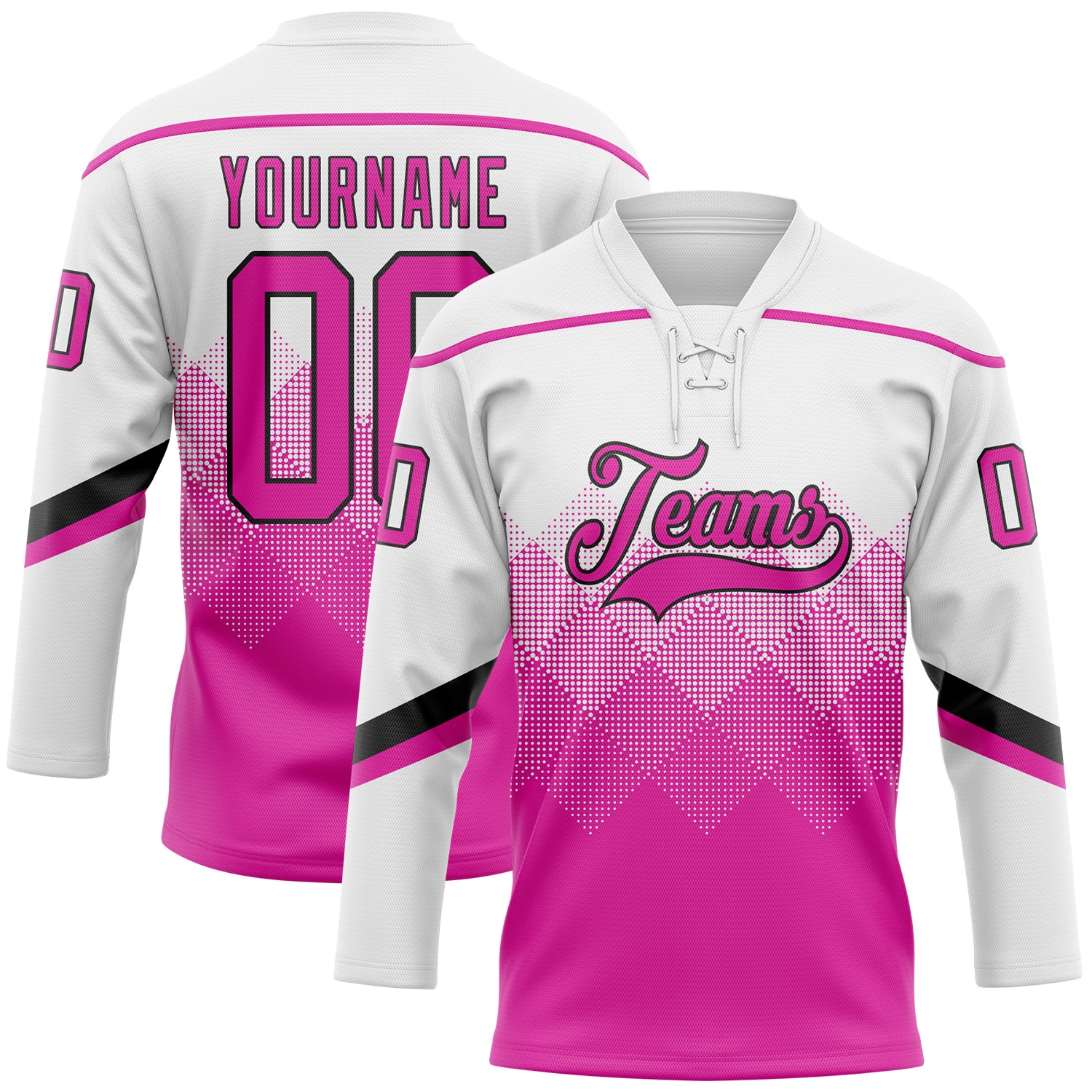 Custom White Deep Pink-Black 3D Pattern Gradient Square Shapes Hockey Lace Neck Jersey