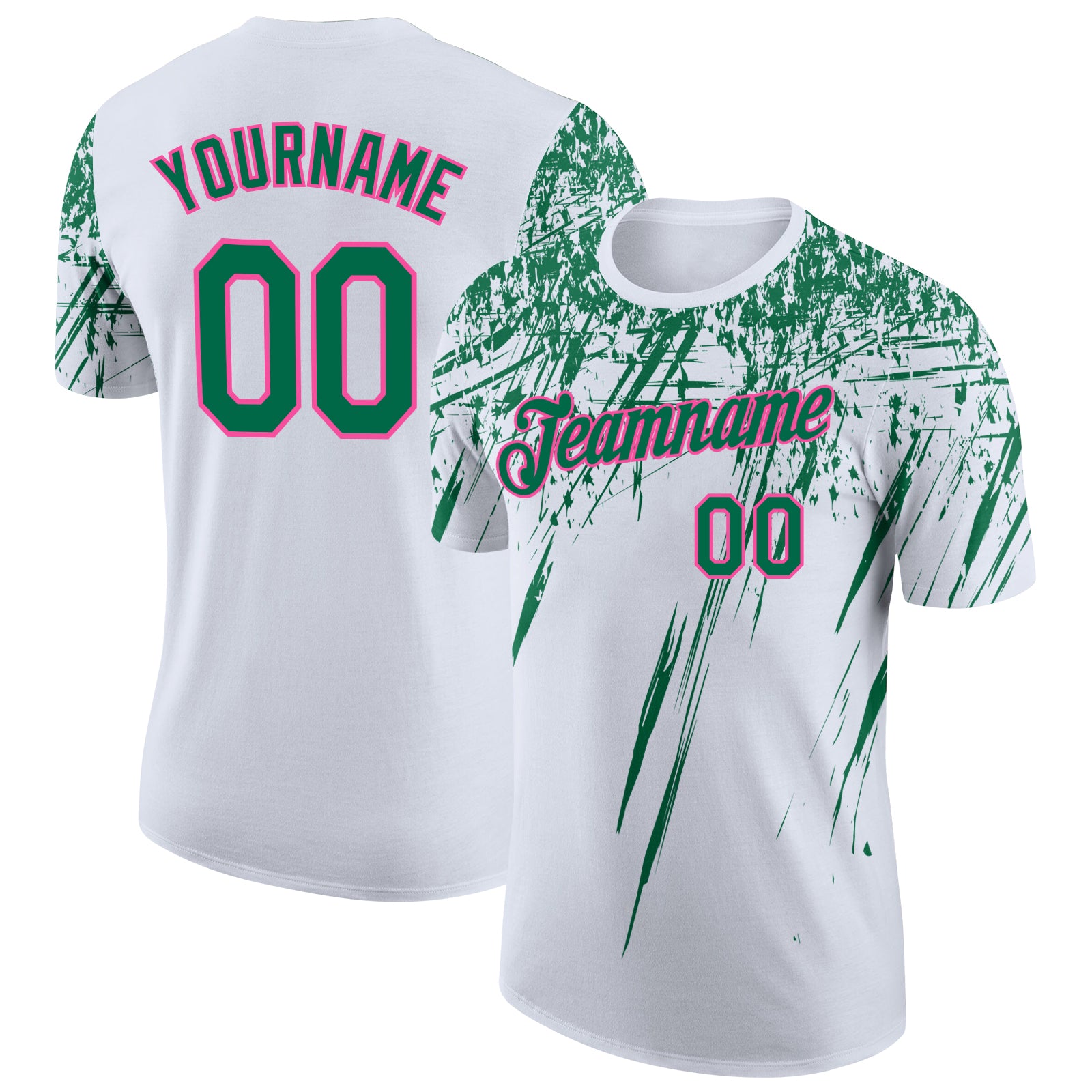 Custom White Kelly Green-Pink Distressed Scratch Brush Stroke Performance T-Shirt