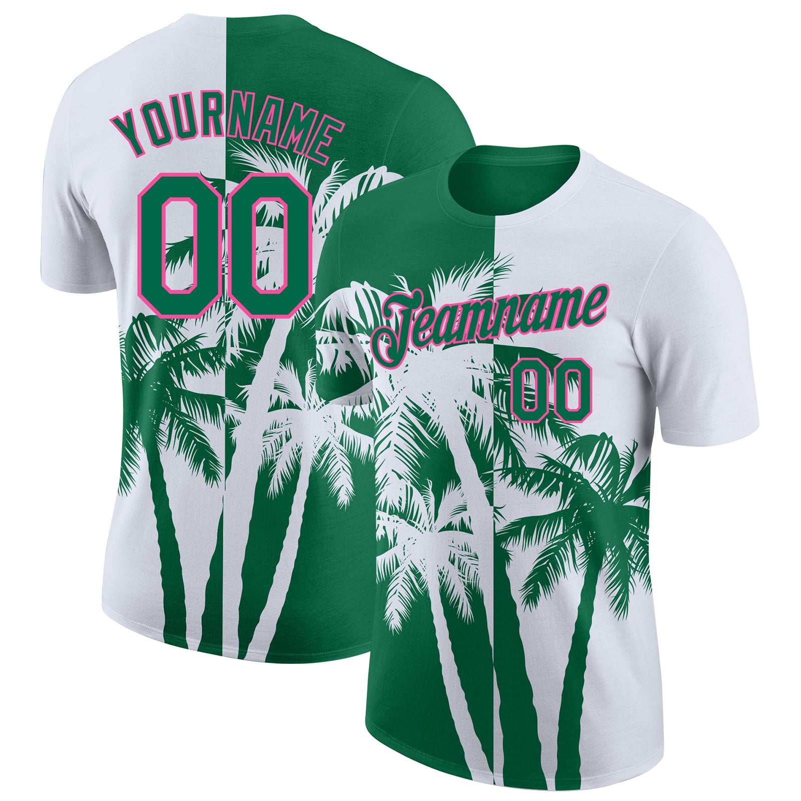 Custom White Kelly Green-Pink Hawaii Tropical Coastal Palm Trees Performance T-Shirt