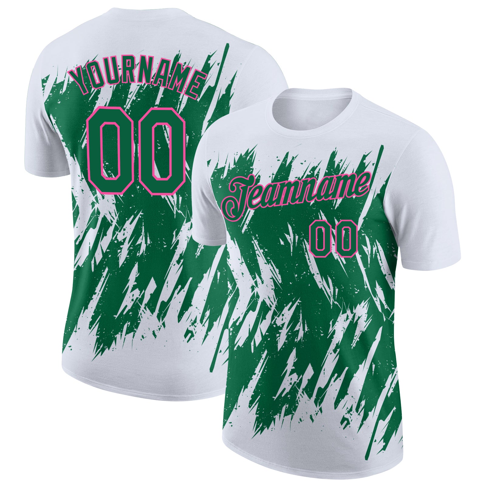 Custom White Kelly Green-Pink Torn Sharp Brush Stroke Splatter Performance T-Shirt