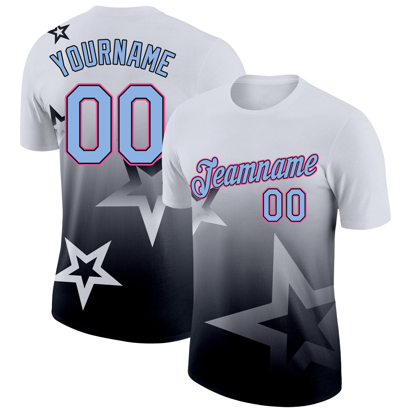 Custom White Light Blue Black-Pink 3D Pattern Design Gradient Style Twinkle Star Performance T-Shirt