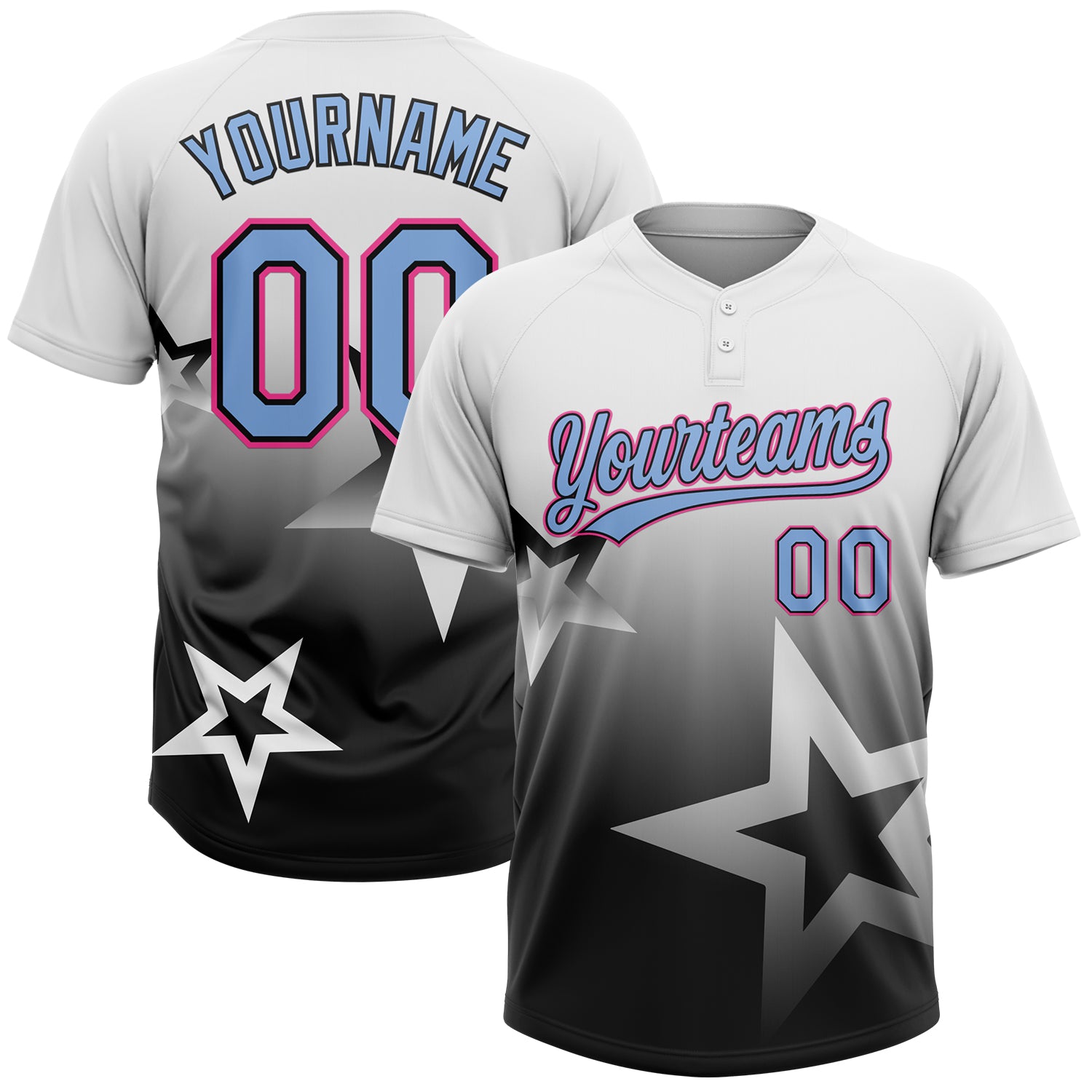 Custom White Light Blue Black-Pink Gradient Style Twinkle Star Two-Button Unisex Softball Jersey