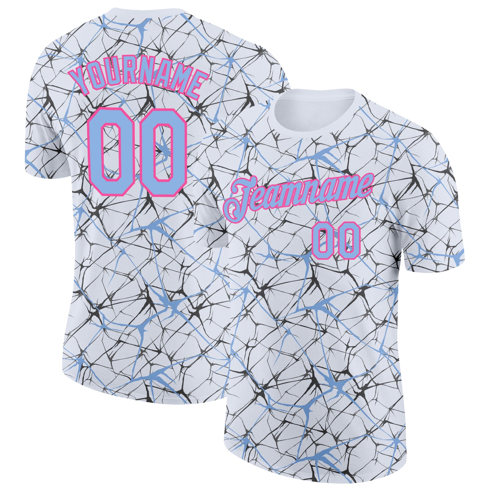 Custom White Light Blue Gray-Pink Abstract Network Crackle Performance T-Shirt