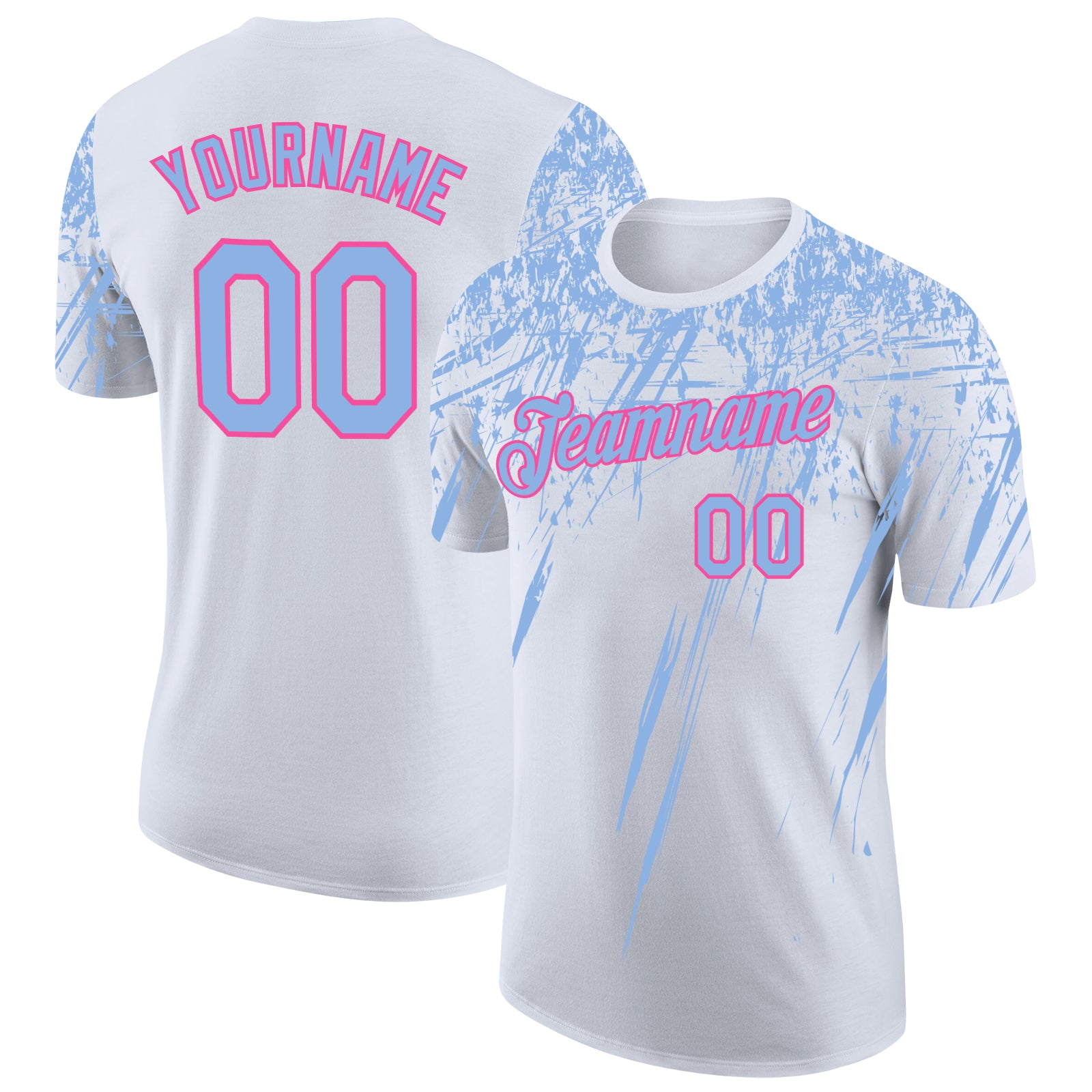 Custom White Light Blue-Pink Distressed Scratch Brush Stroke Performance T-Shirt