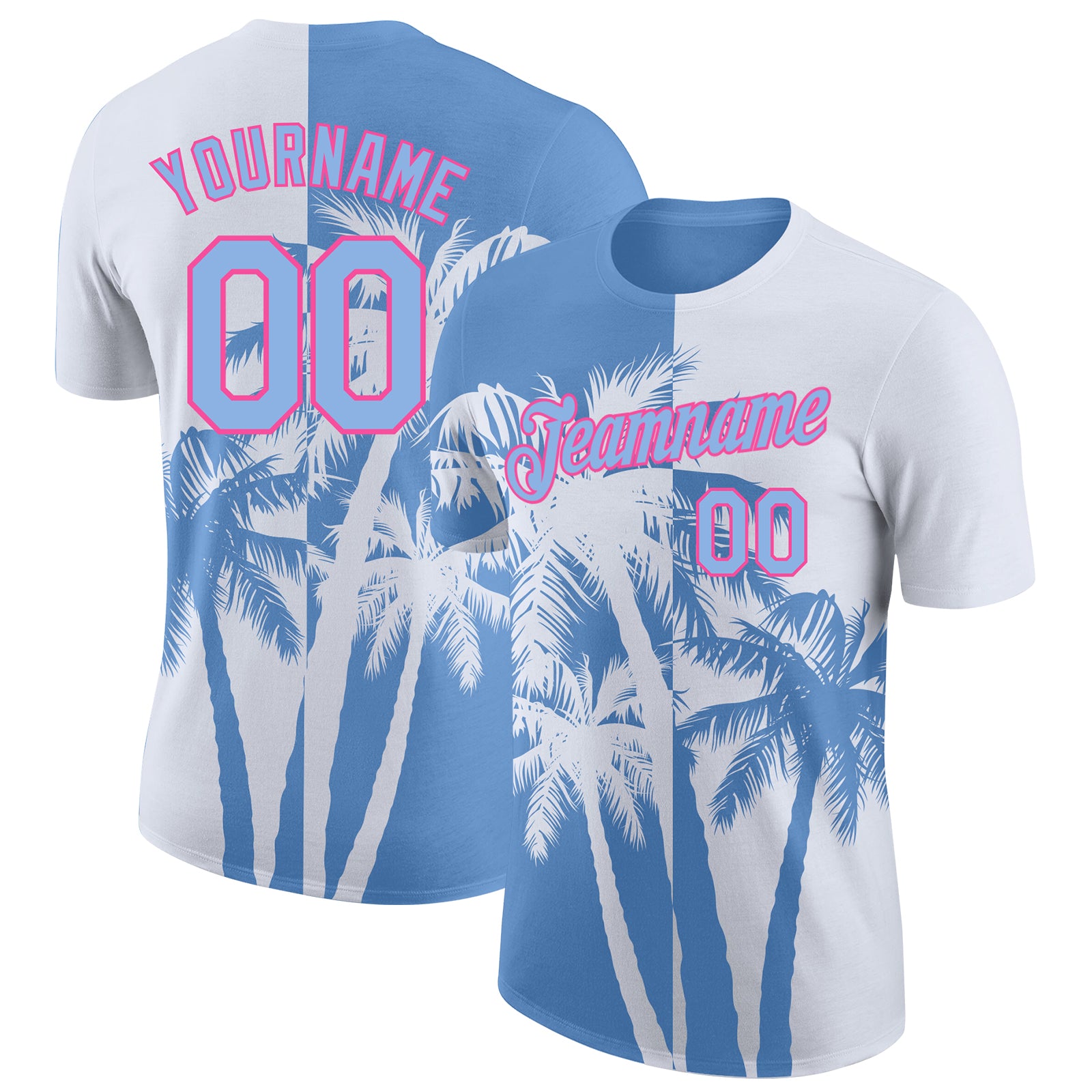 Custom White Light Blue-Pink Hawaii Tropical Coastal Palm Trees Performance T-Shirt
