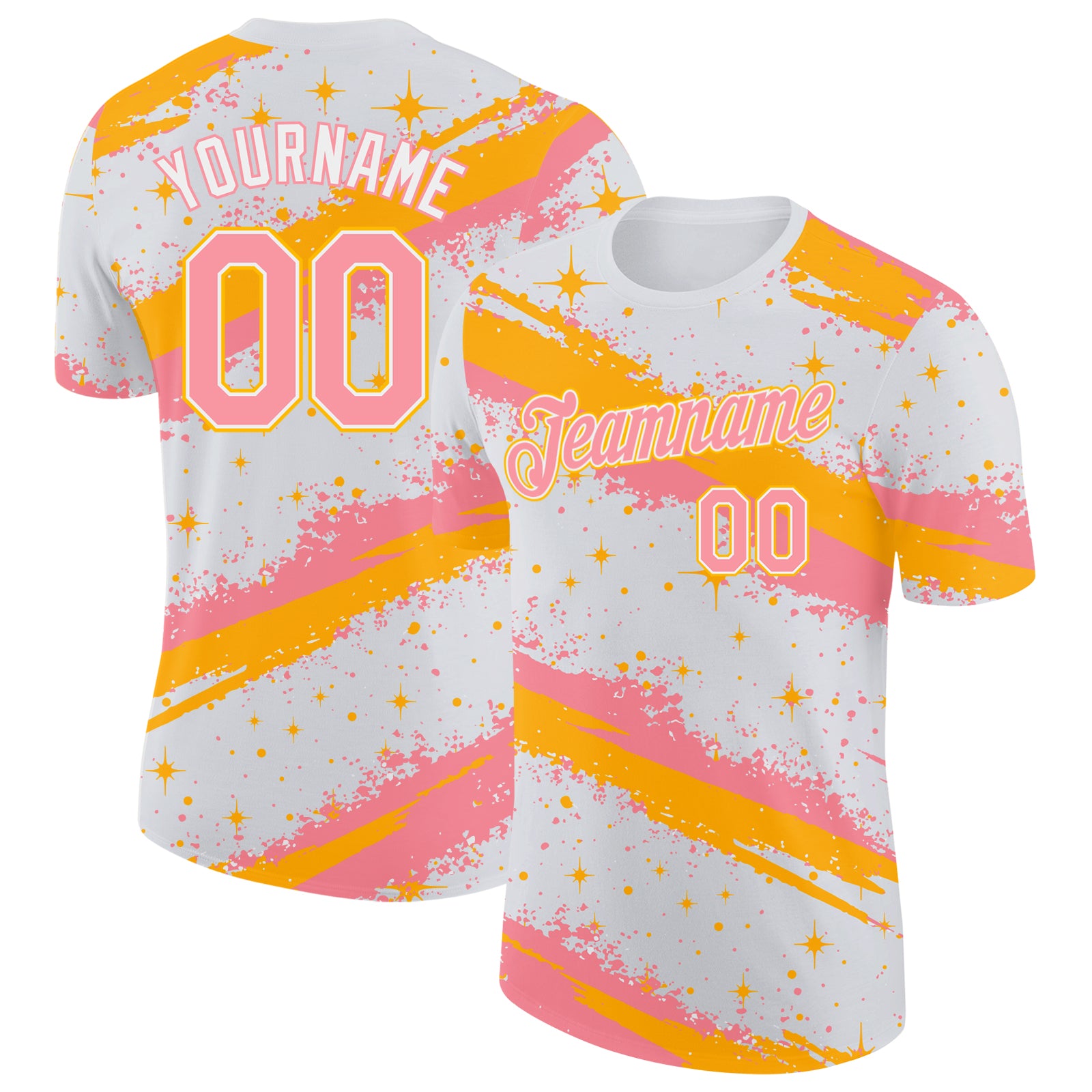 Custom White Medium Pink-Gold Brush Stroke Splatter Starburst Performance T-Shirt