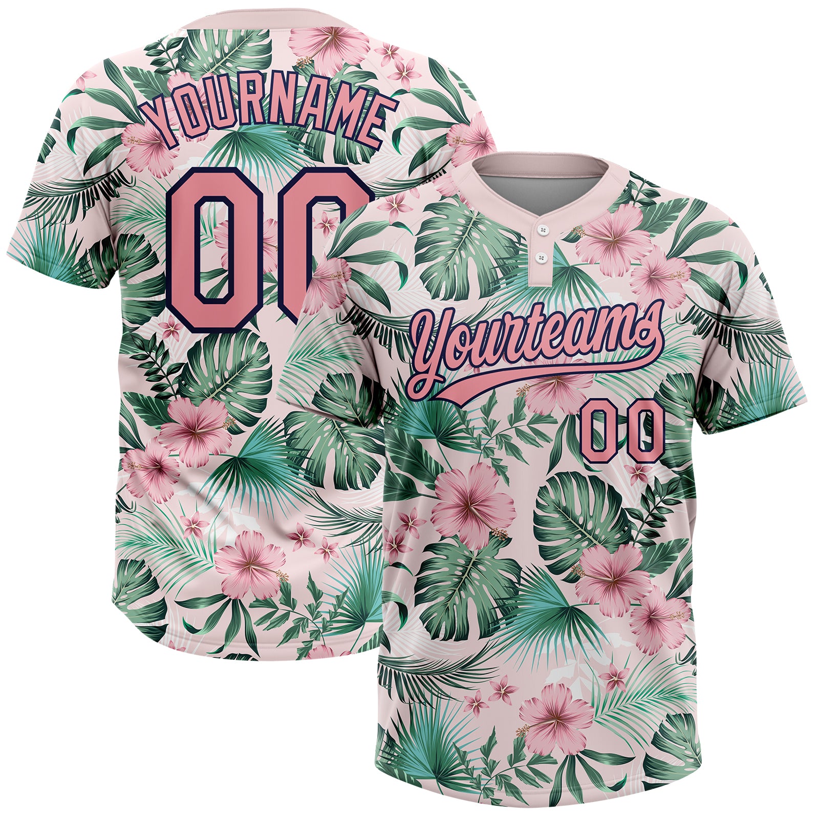Custom White Medium Pink-Navy Hawaii Palm Leaves And Flowers Two-Button Unisex Softball Jersey